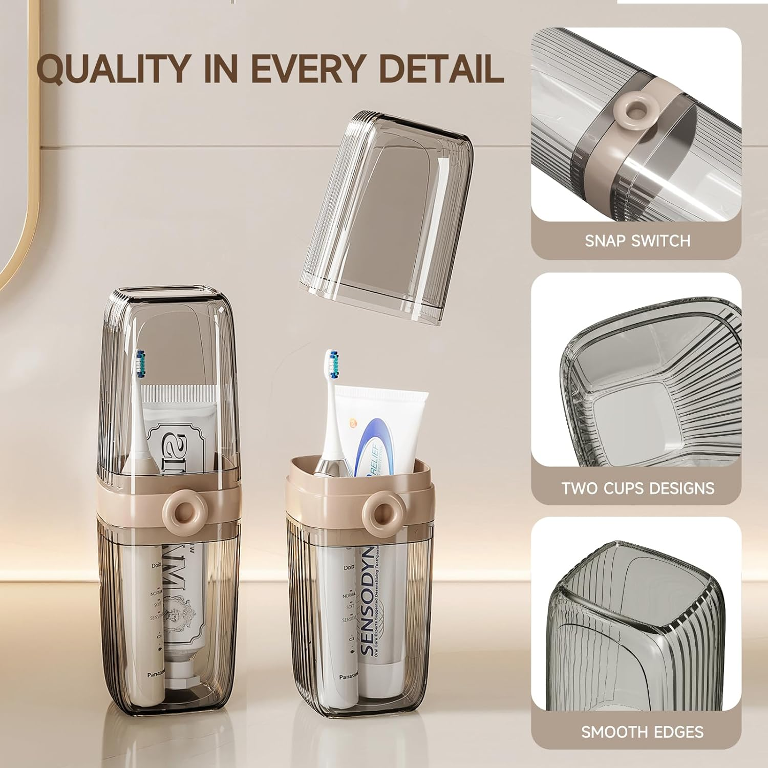 Toothbrush Travel Case, 2 in 1 Toothbrush Holder and Rinse Cup, Large Capacity Toothbrush Cup with Cover, Portable Travel Toothbrush Holder for Traveling, Camping, Trip - 1Pcs - Clear image number 5