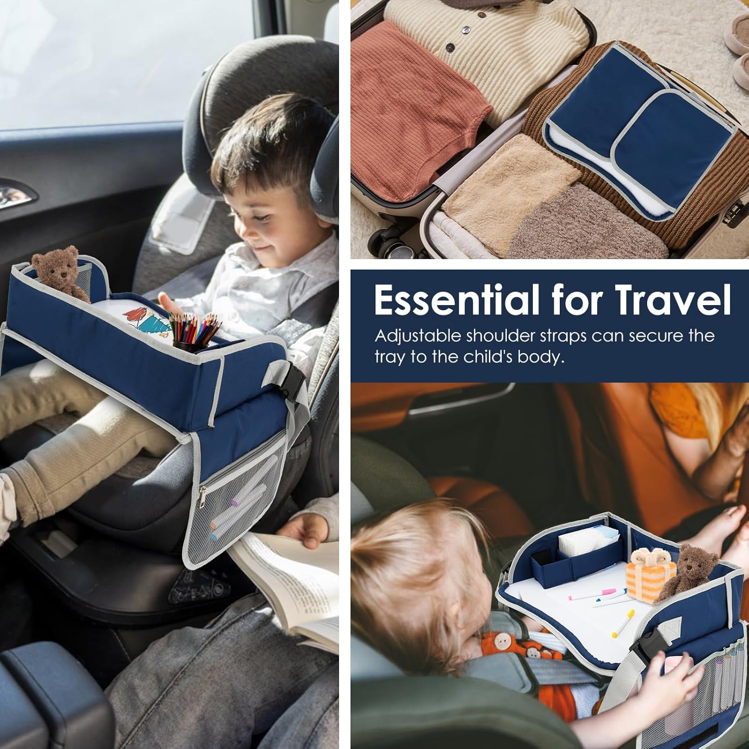 Car Seat Tray Travel Lap Desk Accessory with Adjustable Strap Portable Easy to Clean Car Seat Tray Large Multifunction Backseat Tray Table Holder for Your Child'S Rides and Flights (Navy Blue) - Navy Blue image number 3