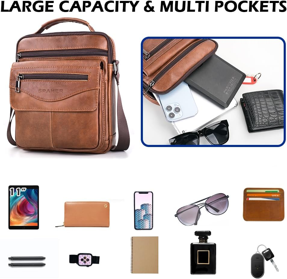 SPAHER Men'S Leather Handbag Shoulder Sling Crossbody Messenger Business Waterproof Travel Daily Bag with Adjustable Strap for Ipad 11 Inch - Deep Brown image number 7