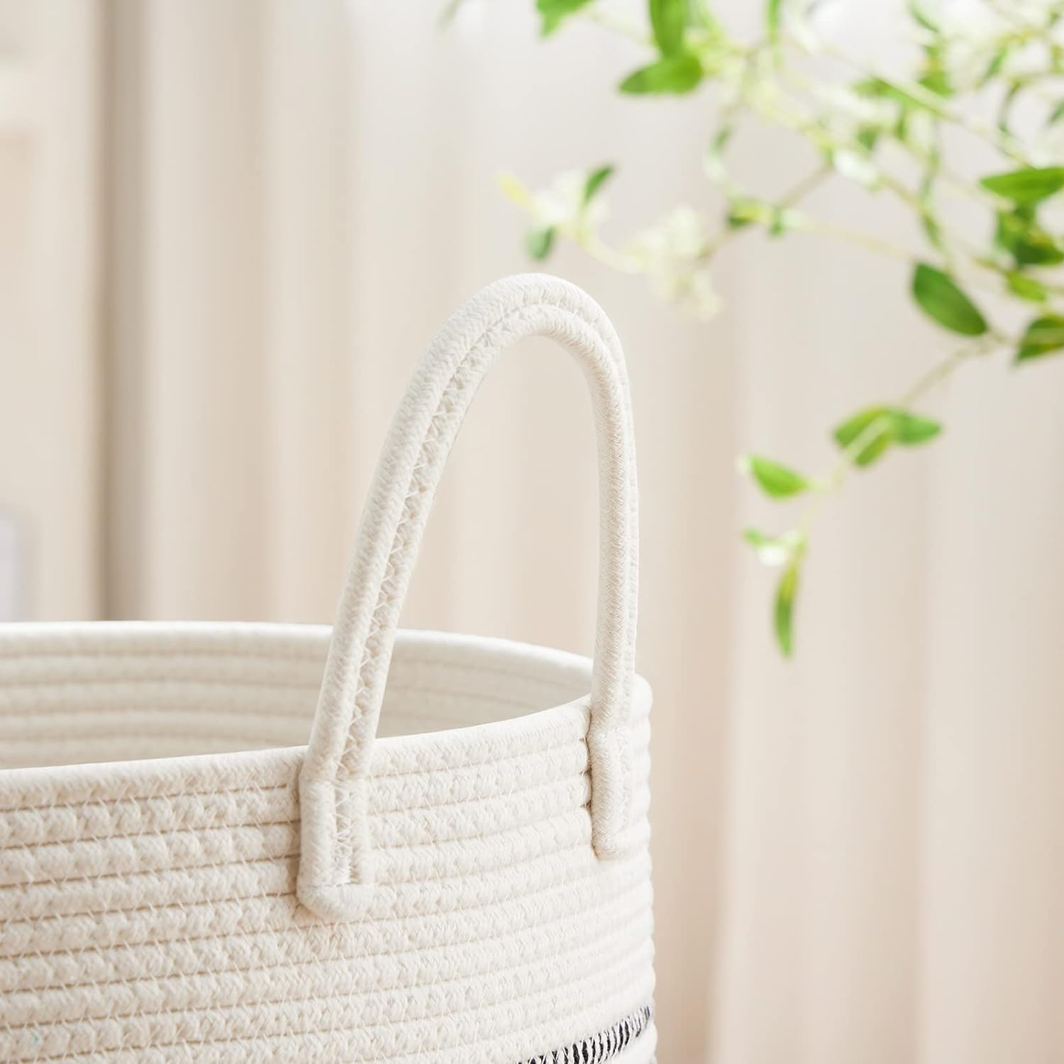 VIPOSCO Large Laundry Hamper, Tall Woven Rope Storage Basket for Blanket, Toys, Dirty Clothes in Living Room, Bathroom, Bedroom - 100L Stripe White image number 5