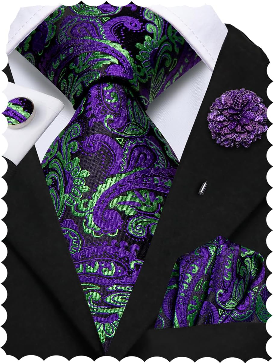 Hi-Tie Silk Men'S Tie and Pocket Square Cufflinks Lapel Pin Set Jacquard Wedding Business Necktie for Formal