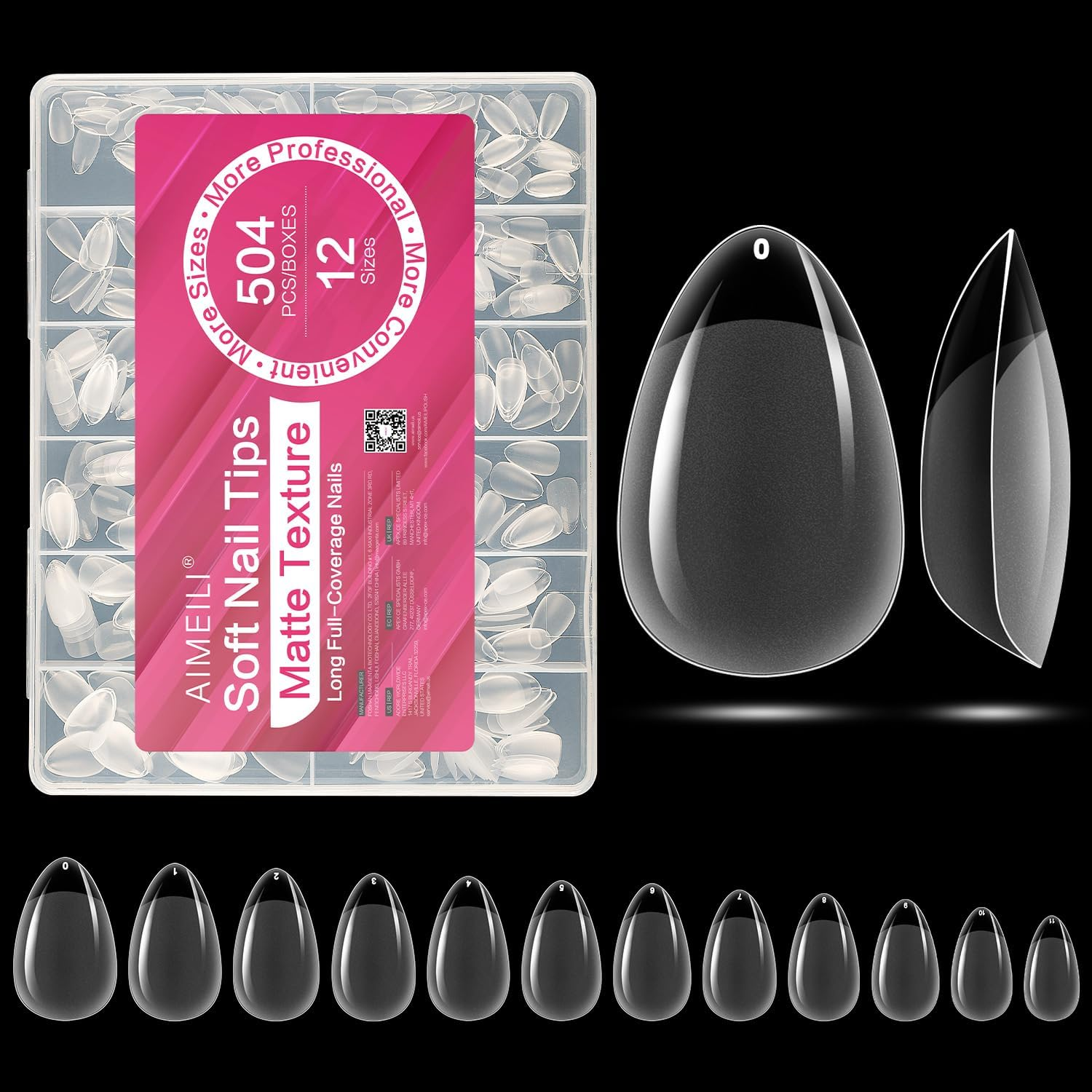 AIMEILI Short Almond Nail Tips, 504Pcs Half Cover Short Gel Nail Tips Clear Fake Nails for Nail Extension DIY Nail Salon, 12 Sizes