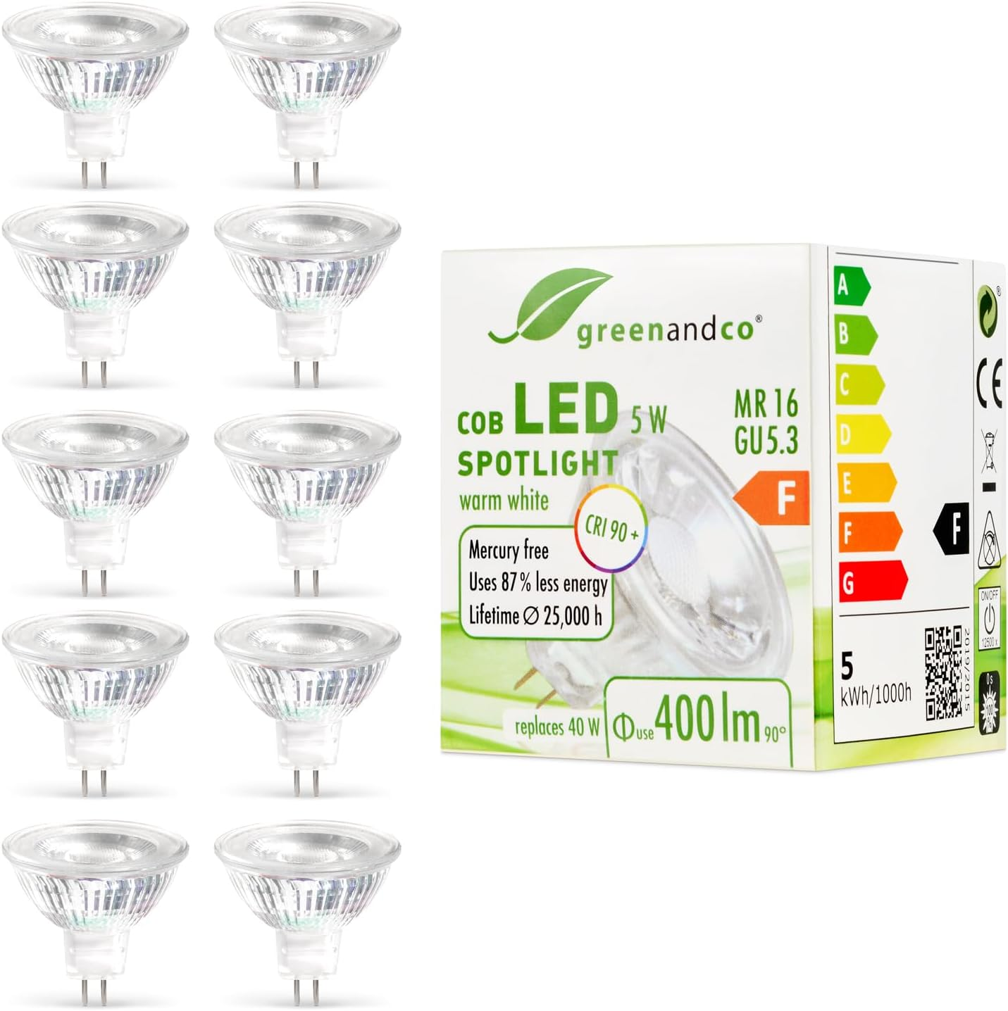 Greenandco 10X MR16 GU5.3 | Dimmable | Replaces 45W | Warm White 3000K | CRI 90+ | 6.5W 510 Lm | 38&deg; | Flicker-Free | COB LED Spot | 12V AC/DC