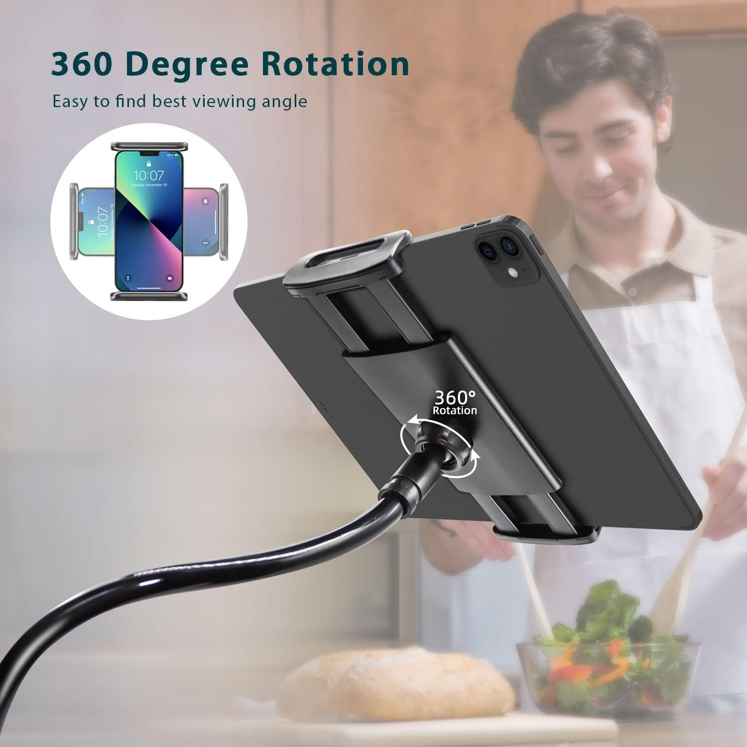 GVTECH Gooseneck Tablet Stand, Universal Tablet Mount Holder 360 Flexible Lazy Arm Holder Clamp Mount Bracket Bed for 4.6"-11" Ipad Air Pro Mini, Samsung, Huawei Tab, Iphone, Switch, More Devices image number 4