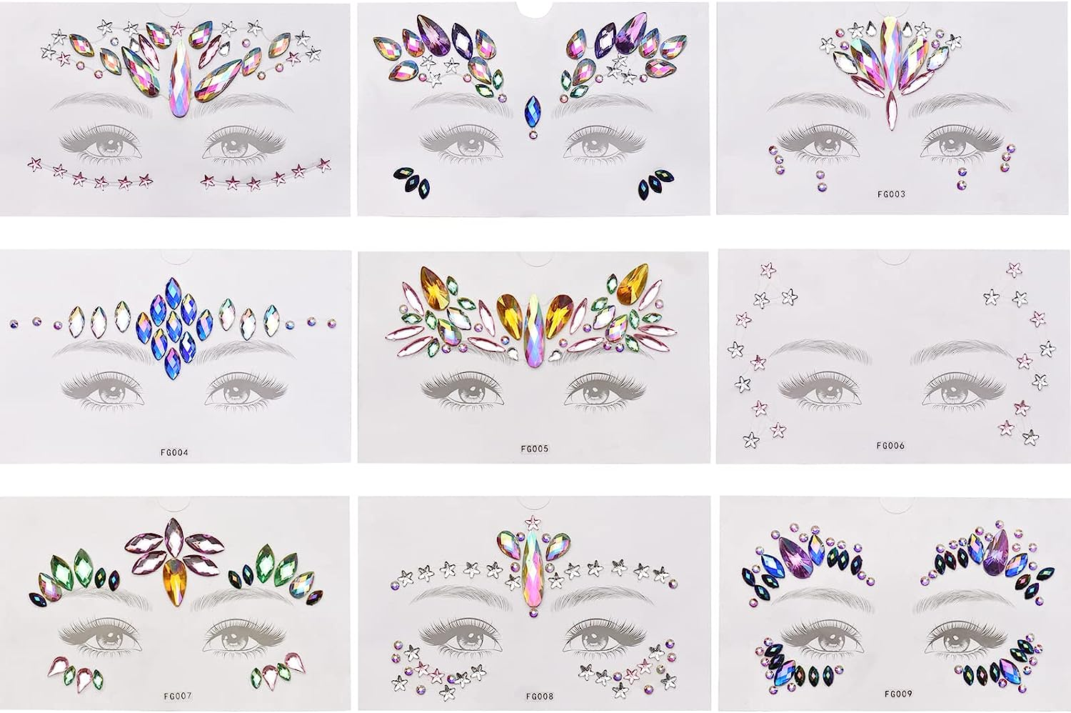 Domary 9 Sets DIY Mermaid Face Jewels - Crystal Rhinestone Gems Stick on Festival Gemstones Stickers - Rainbow Tears Gem Stones Temporary Tattoos image number 1