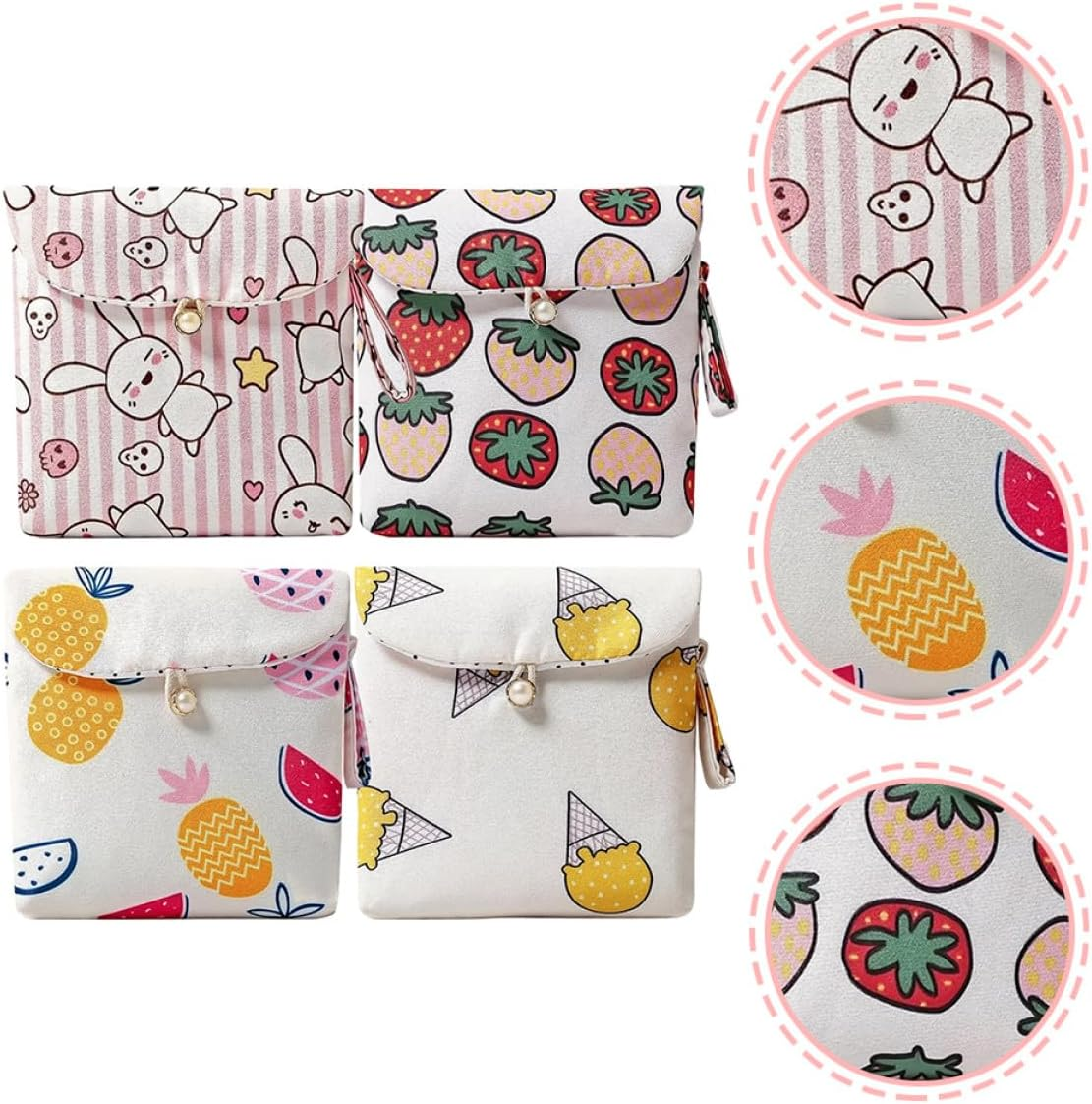 WEKAMOS 4Pcs Portable Sanitary Napkin Pouch Set Cartoon Prints, Lightweight Period Storage Bags for Travel and Daily Use, Multi-Compartment Sanitary Pads and Tampon Holder