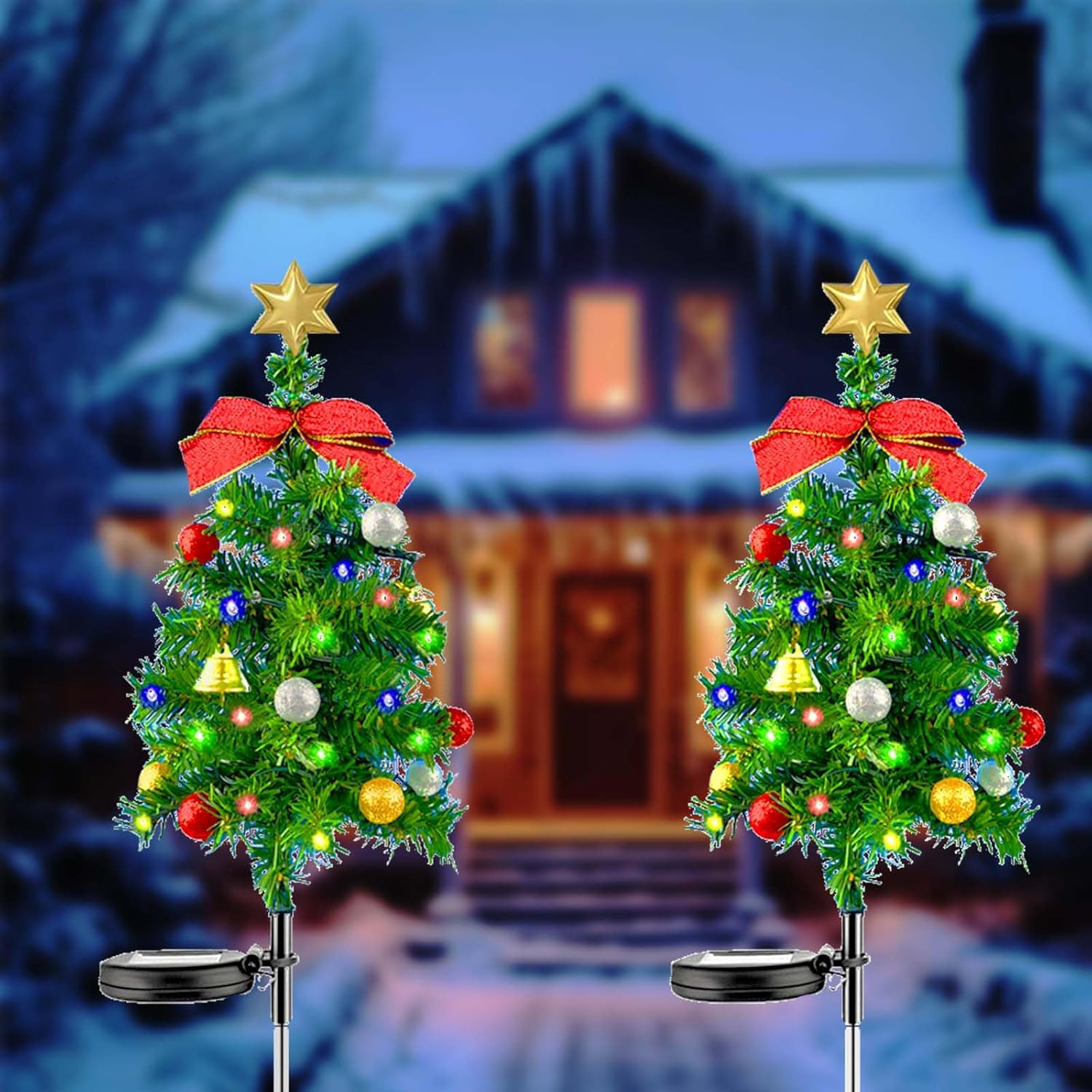 2 Pack Solar Christmas Trees Lights，68Cm Solar Waterproof Christmas Tree with LED Four Color Decorated Prelit Gift Boxes & Ornaments for Pathway Patio Yard Garden image number 5