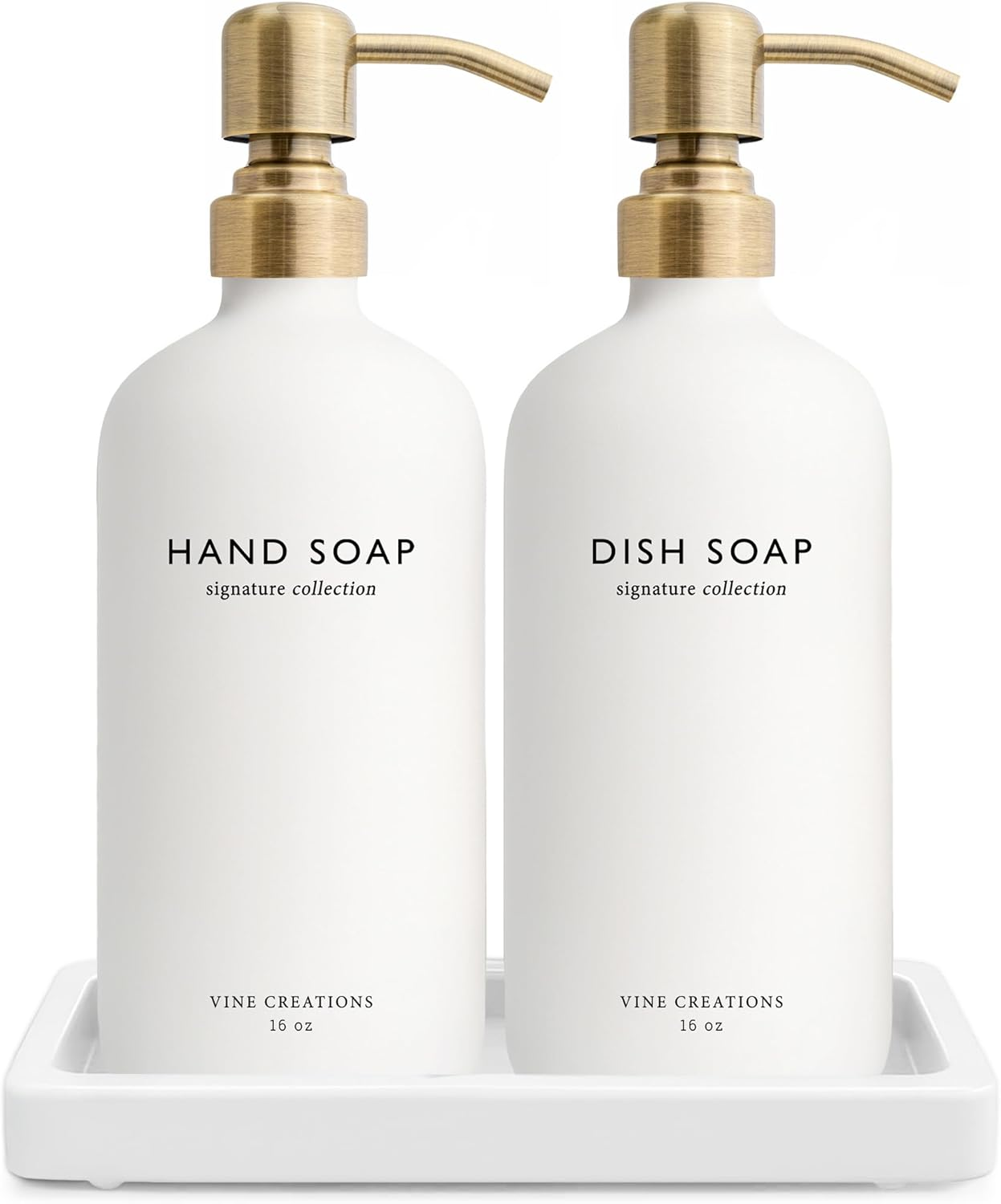 Vine Creations Glass Soap Dispenser Set, Kitchen Soap Dispenser Set with Ceramic Tray, 16 Oz Dish Soap and Hand Soap Dispenser Set with Stainless Steel Pump Decor (White Bottle/Brushed Brass) image number 4