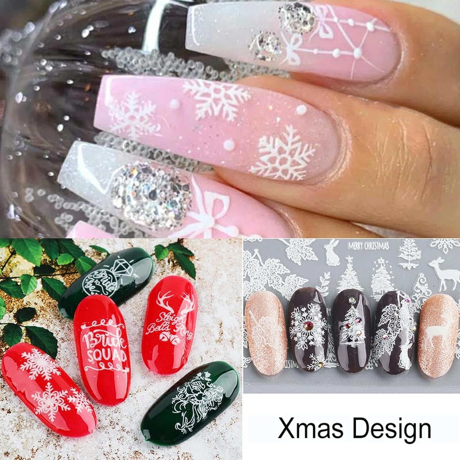 Luminous Christmas Nail Stickers, Glow in the Dark Nail Art Designs for Festive Nails, 3D Self-Adhesive Nail Decals for Women and Girls - 9 Sheets, Abvian