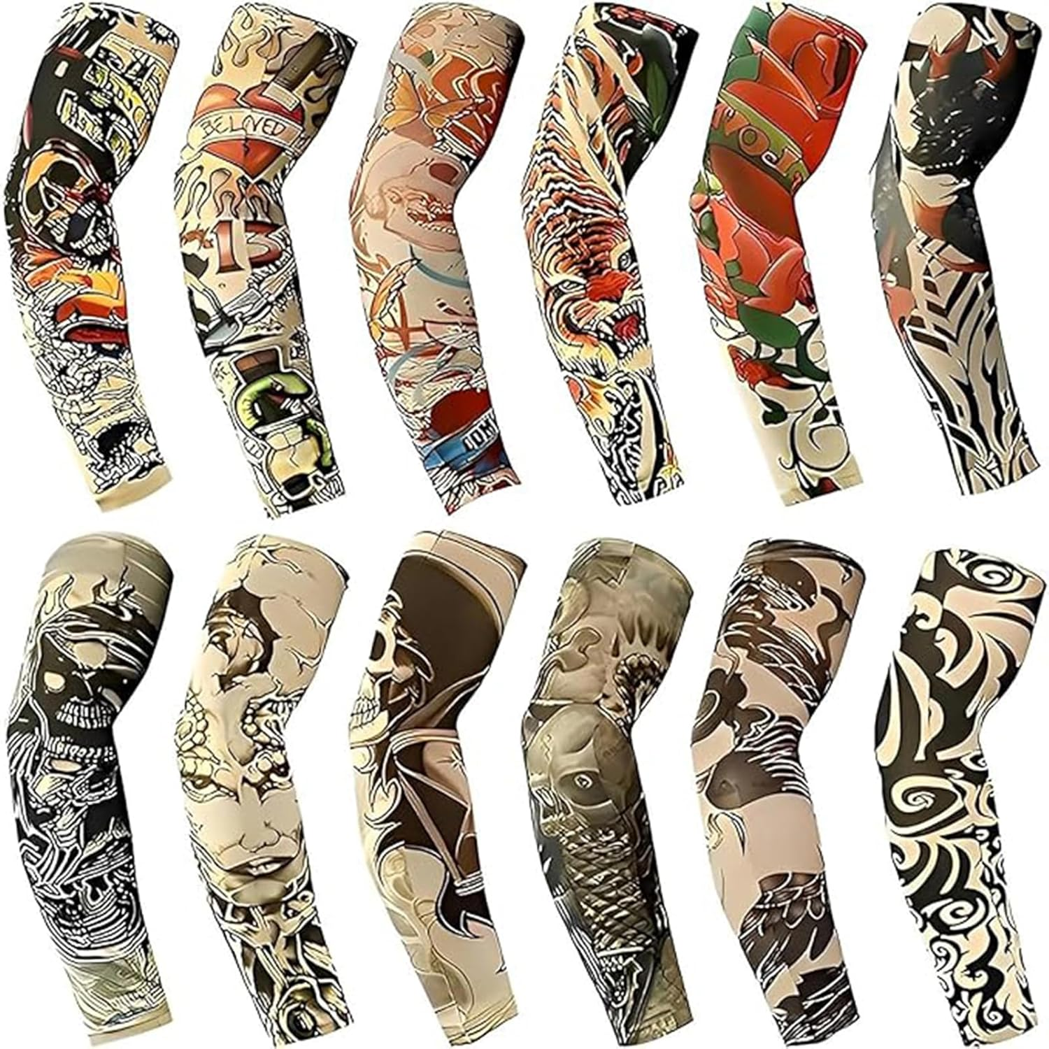 YARIEW Tattoo Sleeves for Men, 12Pcs Arm Sleeves Fake Tattoos Sleeves to Cover Arms Cooling Sun Protection Sleeves