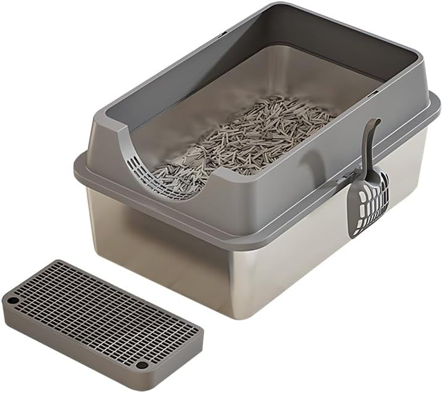 Extra Large Stainless Steel Cat Litter Box with High Sided Walls for Big Cats, anti Urine Leakage, Odorless and Easy Cleaning, for Healthy Cats, Includes Foot Pad & Scoop - XXL Litter Box (Black)