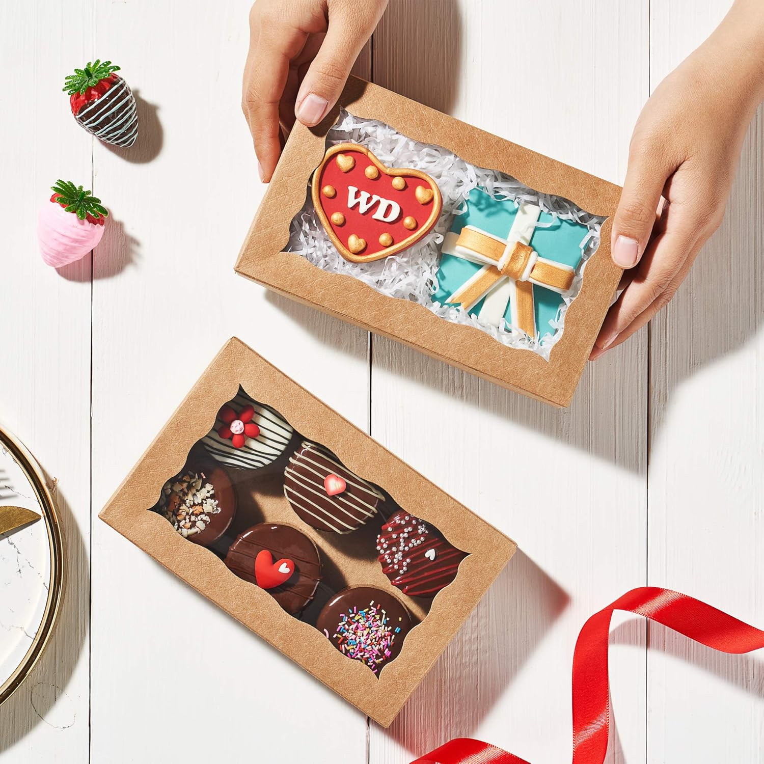 Romanticbaking 50 Pack DIY Assembly Brown 7 X 4 3/8 X 1&frac12; Inches Cookies Boxes Bakerytreat Boxes Packaging for Macaron Chocolate Truffle Cakesickle image number 3