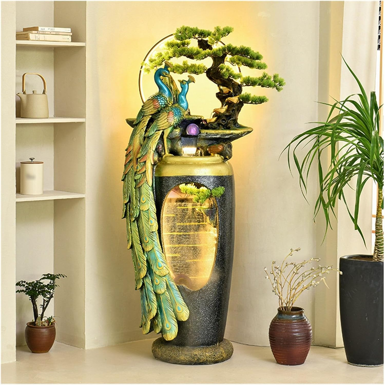 Outdoor Fountain Peacock Flowing Water Ornament, New Chinese Zen Fountain, Floor Standing Decorative Vase for Living Room, Entrance Door or Next to Tv Cabinet(53 * 46 * 156Cm) image number 1