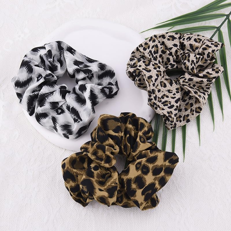 Vintage Leopard Print Scrunchie Set - Soft Multi Colored Leopard Print Hair Ties for Girls Women Boho Elastic Satin Scrunchies Stretchy Hair Ties for Buns Ponytail Holders for Braids Scrunchies 3 Pcs