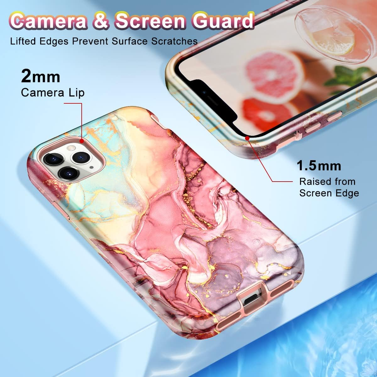 Btscase for Iphone 11 Pro Max Case 6.5 Inch,Marble Pattern 3 in 1 Heavy Duty Shockproof Full Body Hard Pc+Soft Silicone Drop Protective Women Girls Cover for Iphone 11 Pro Max, Rose Gold