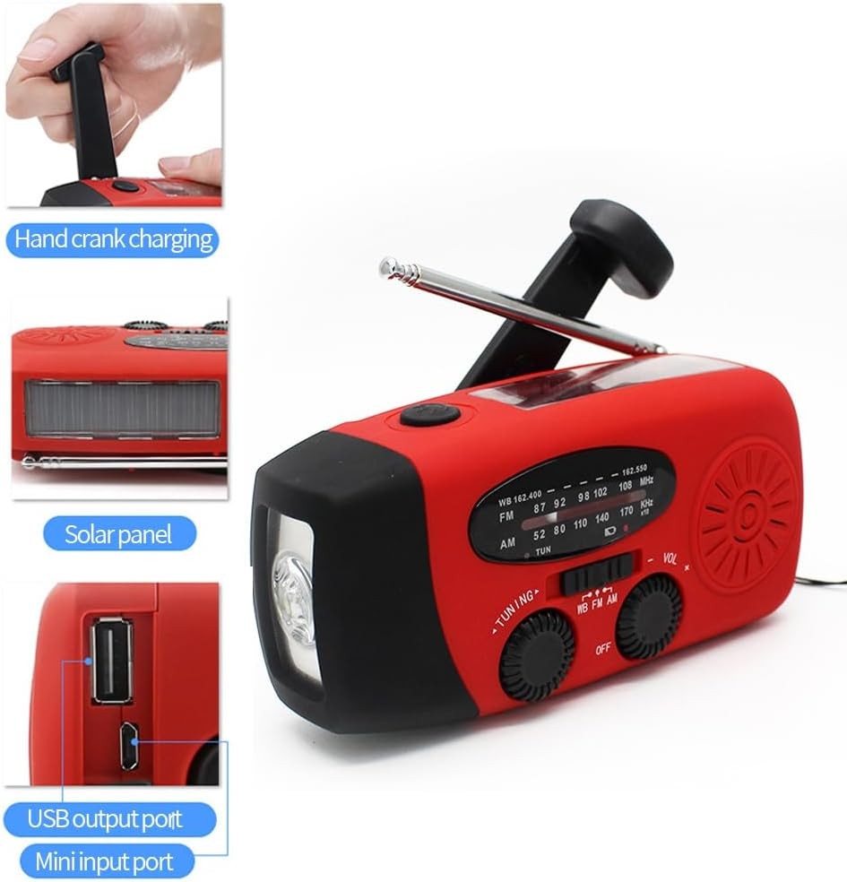 TOMVAES 2000Mah Emergency Crank Weather Radio,Noaa/Fm/Am Solar Radios, Portable Survival Radio,Led Flashlight, Cell Phone Charger for Camping Hiking,Red image number 1