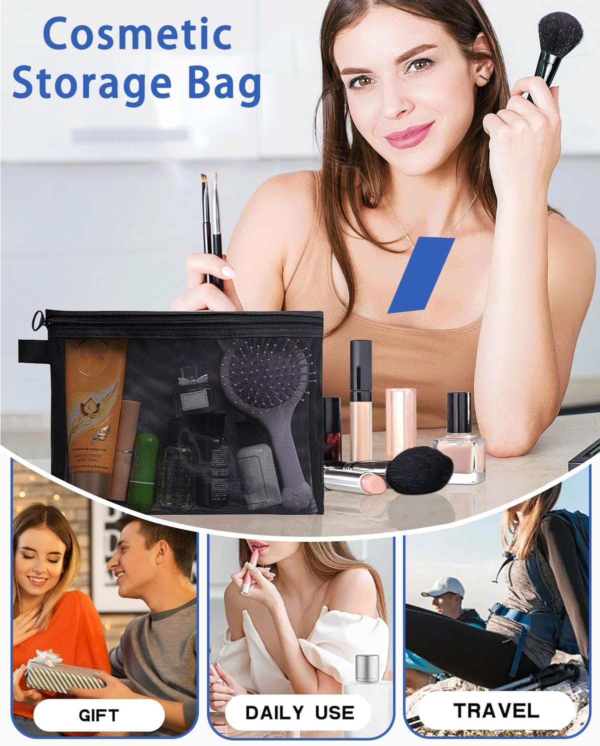 Women'S Cosmetic Bag, Small Cosmetic Bag, Mini Toiletry Bag, Cosmetic Bag, Travel Cosmetic Bag, Cosmetic Bag with Metal Zip for Travel (Black) image number 2