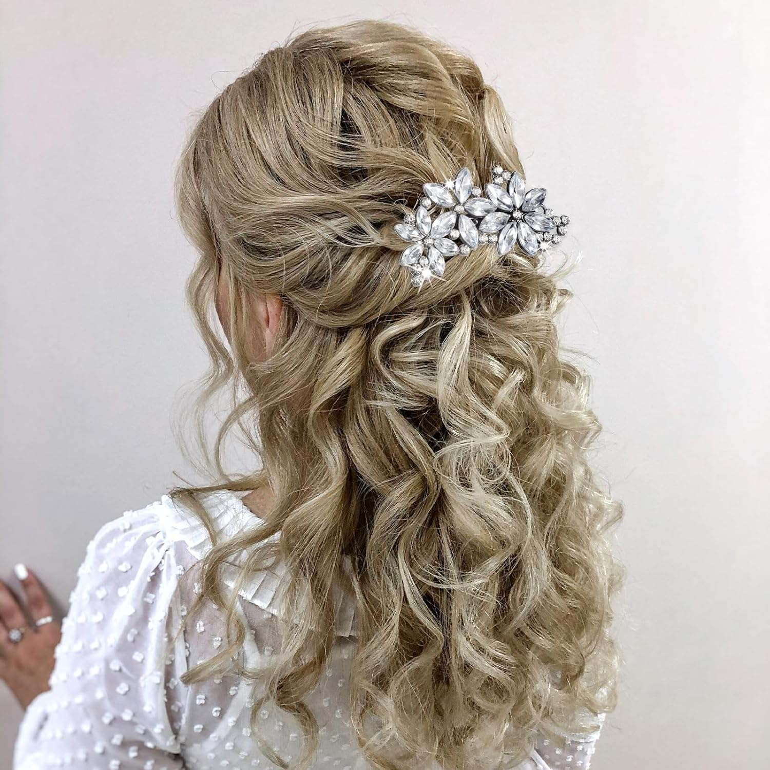 Lnngub Pack of 2 Rhinestone Hair Clips Silver Flower Shape Stainless Steel with Rhinestones Vintage Glitter Women'S Hair Clip for Wedding, Engagement, Dating, Gathering, Party, Dance, Daily Life image number 6