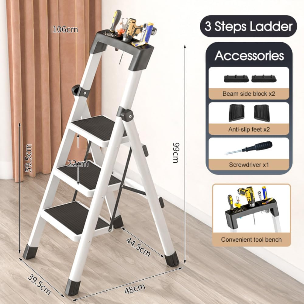 LEDON Thickened Multi-Functional Folding Herringbone Step Ladder - Portable, Retractable, Safety 3 Steps Ladder for Indoor & Outdoor Household Climbing with Tools Holder image number 3