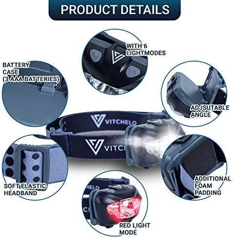 VITCHELO V800 CREE Led Headlamp Flashlight with White & Red Lights. Waterproof IPX6 and 168 Lumens Bright Adjustable Headlight for Running Hiking Camping Walking - 3 AAA Duracell Batteries Included image number 3