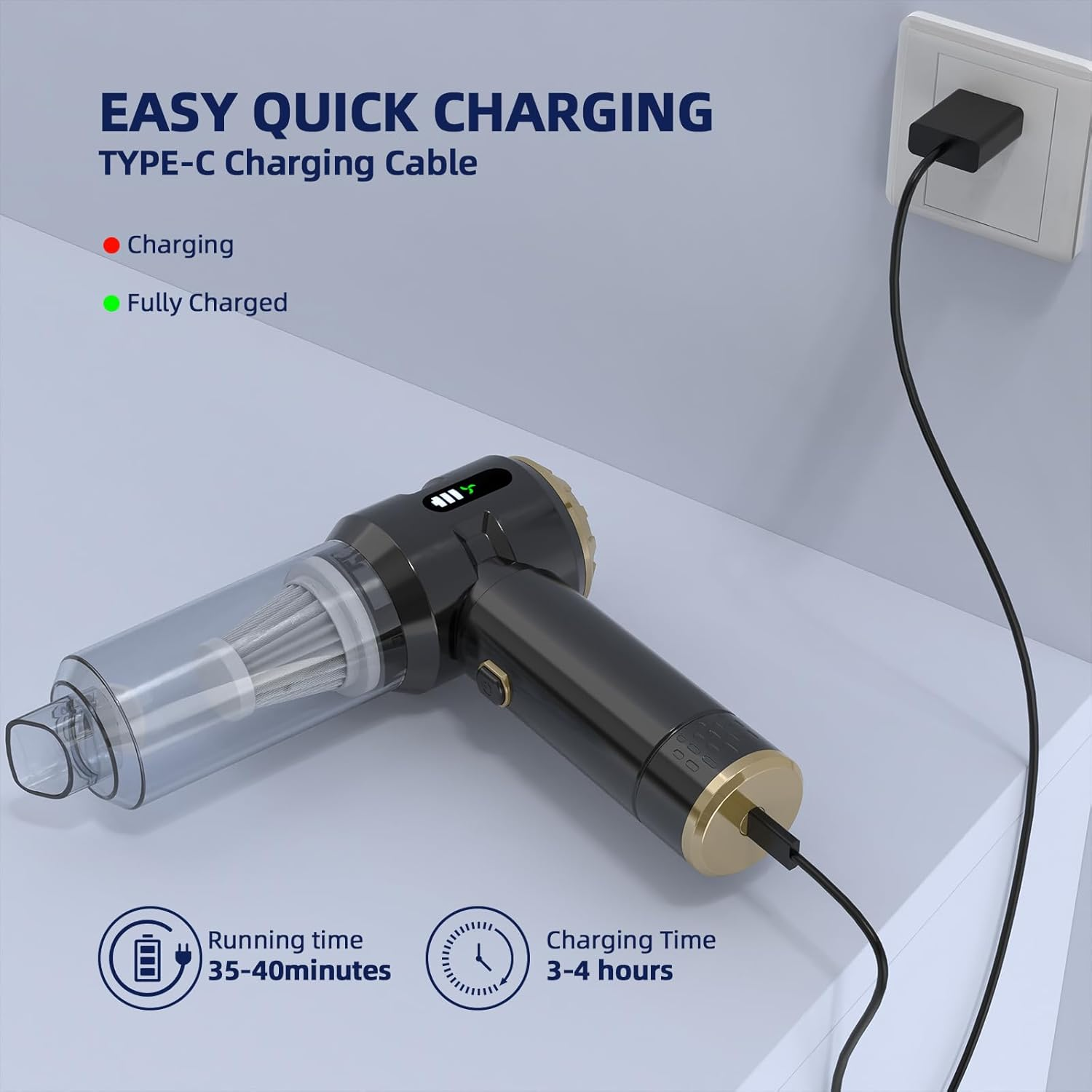 Cordless Handheld Vacuum Cleaner,Rechargeable Portable Lightweight Dust Blower,22000Pa Powerful Suction Mini Car Vacuum Cleaner for Deep Cleaning of Home,Car and Pet Hair(Black-Gold) image number 3