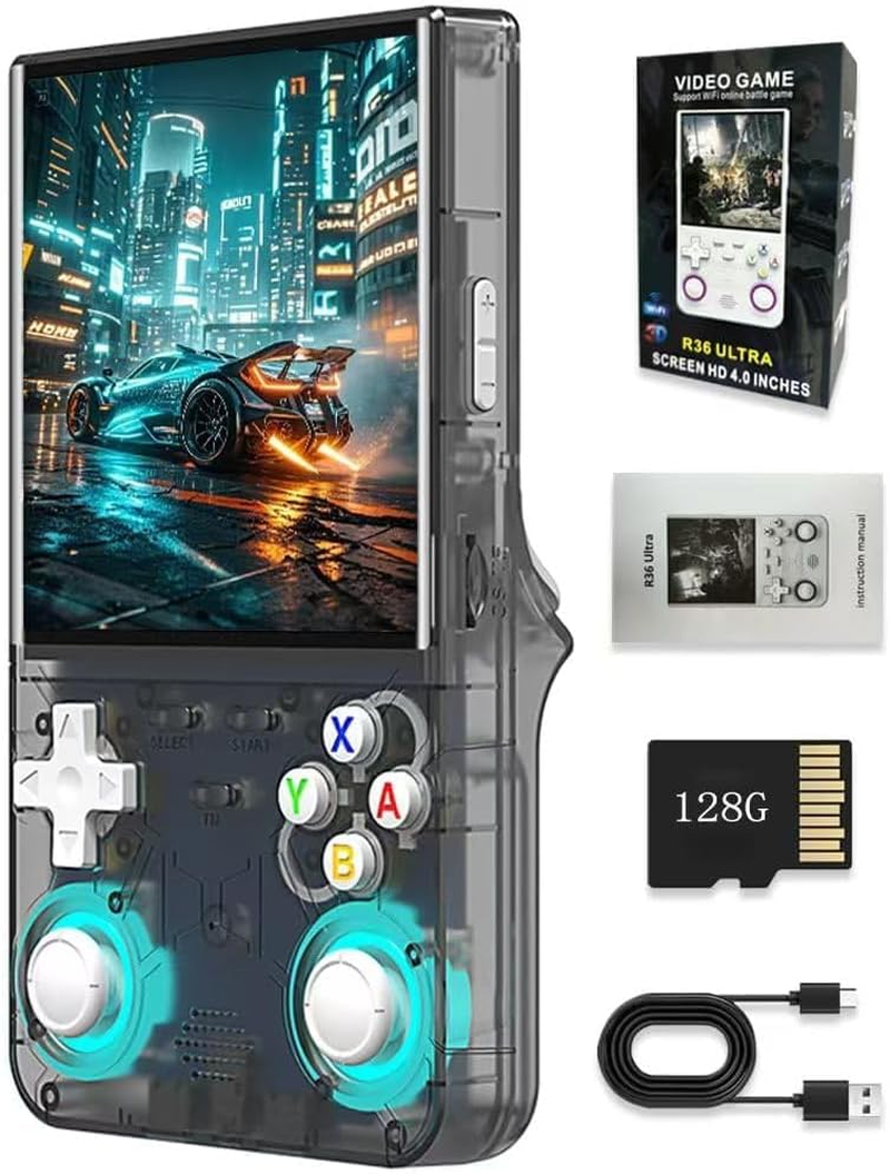 R36 Ultra Retro Game Console 2026 Model with 128GB, 4-Inch IPS Screen, over 30K Retro Games Mini Video Games Handheld Console, Supports 23 Emulators, Linux-Based Retro Gaming Console (Black) image number 1
