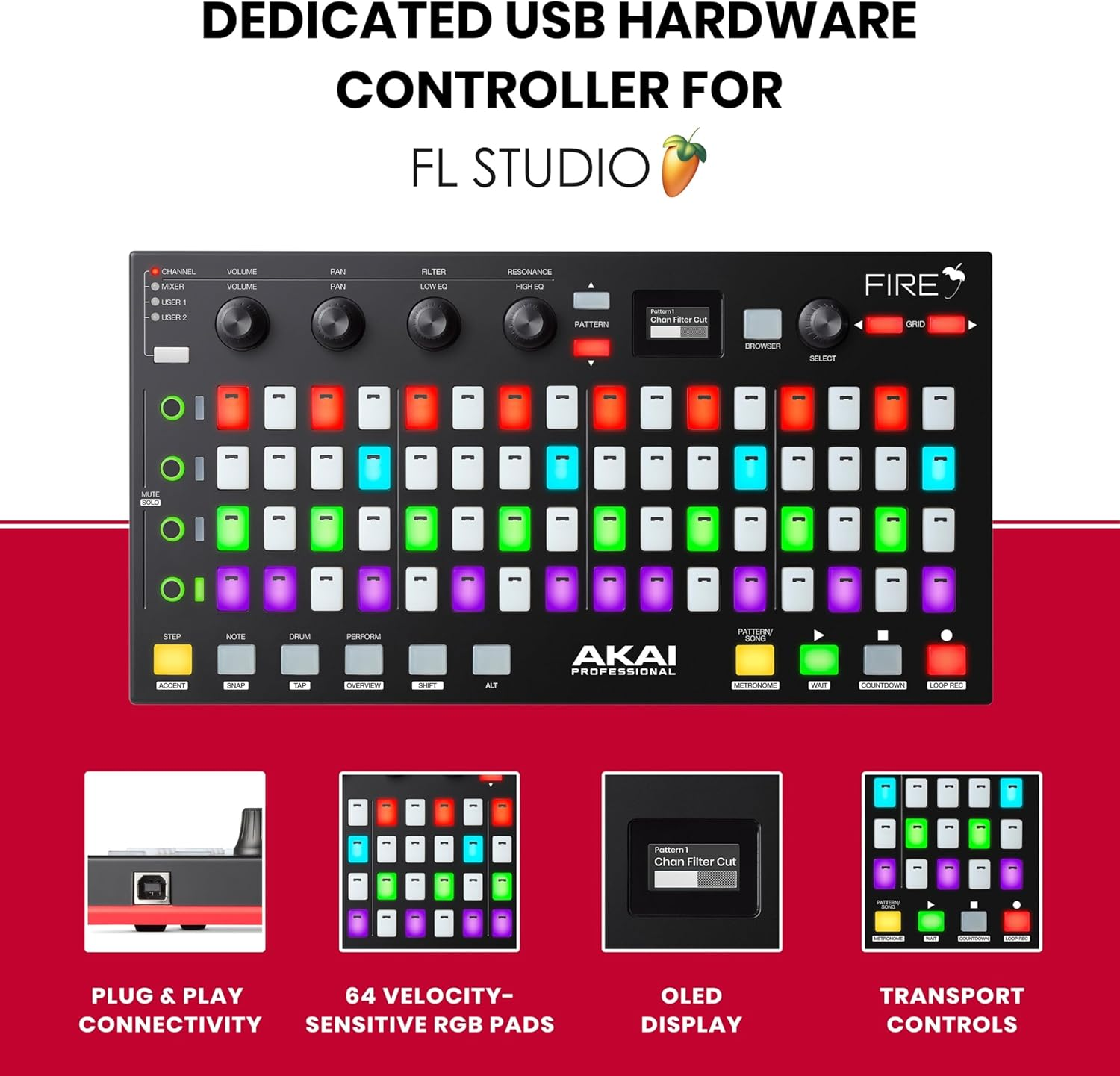 AKAI Professional Fire (Controller Only) &ndash; USB MIDI Controller for FL Studio with 64 Pad RGB Clip, Drum Pad Matrix image number 4