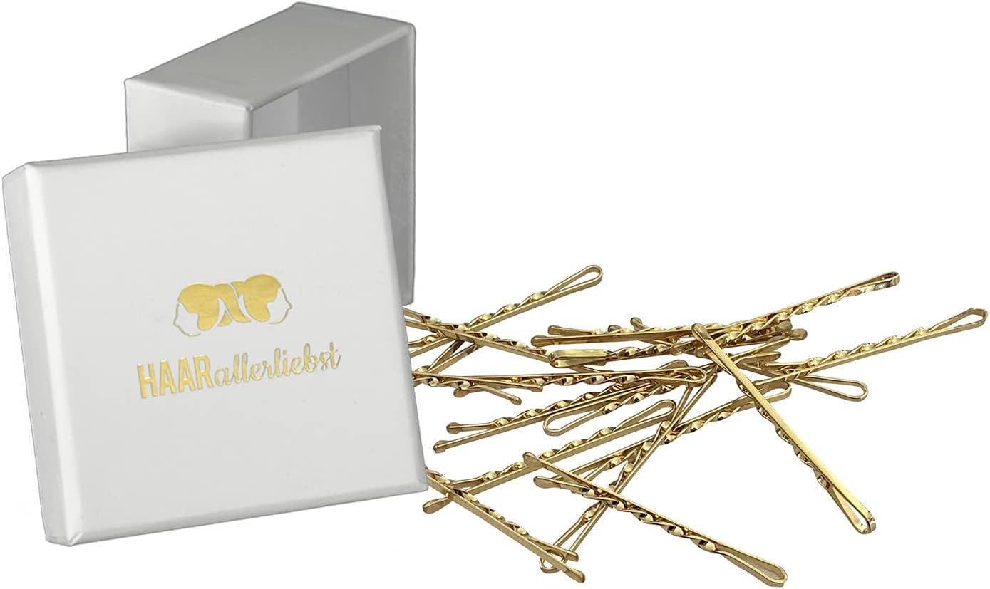 Haarallerliebst Twisted Hair Clips (Pack of 24) Gold Shimmer 5 Cm Ultra Hold Including Box for Storage