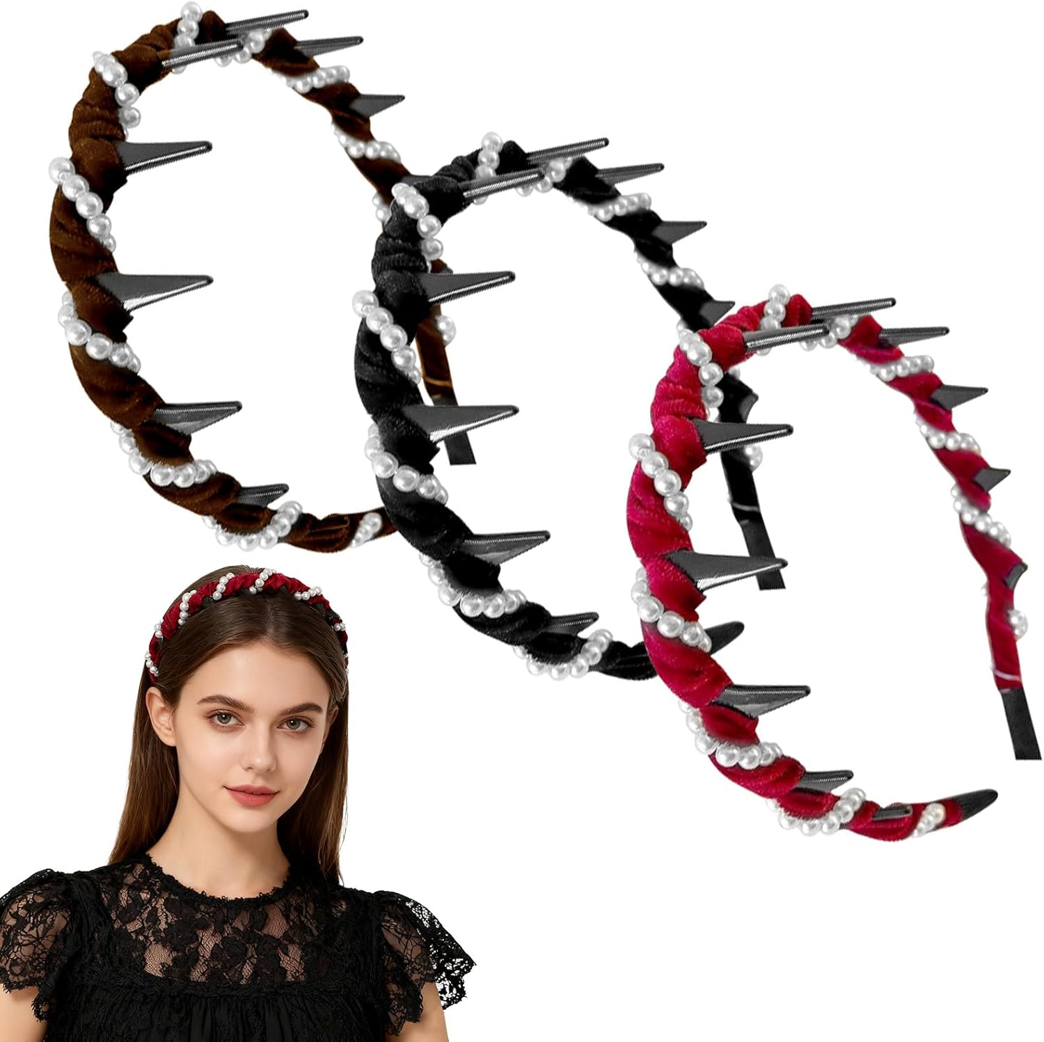 3Pcs High Updo Artificial Pearl Hairband, Fashion Headband Women, Grace Headbands for Rhinestones Bridal Hair Hoop, Birthday Party Valentine'S Day Gifts (Black/Red/Brown) image number 5