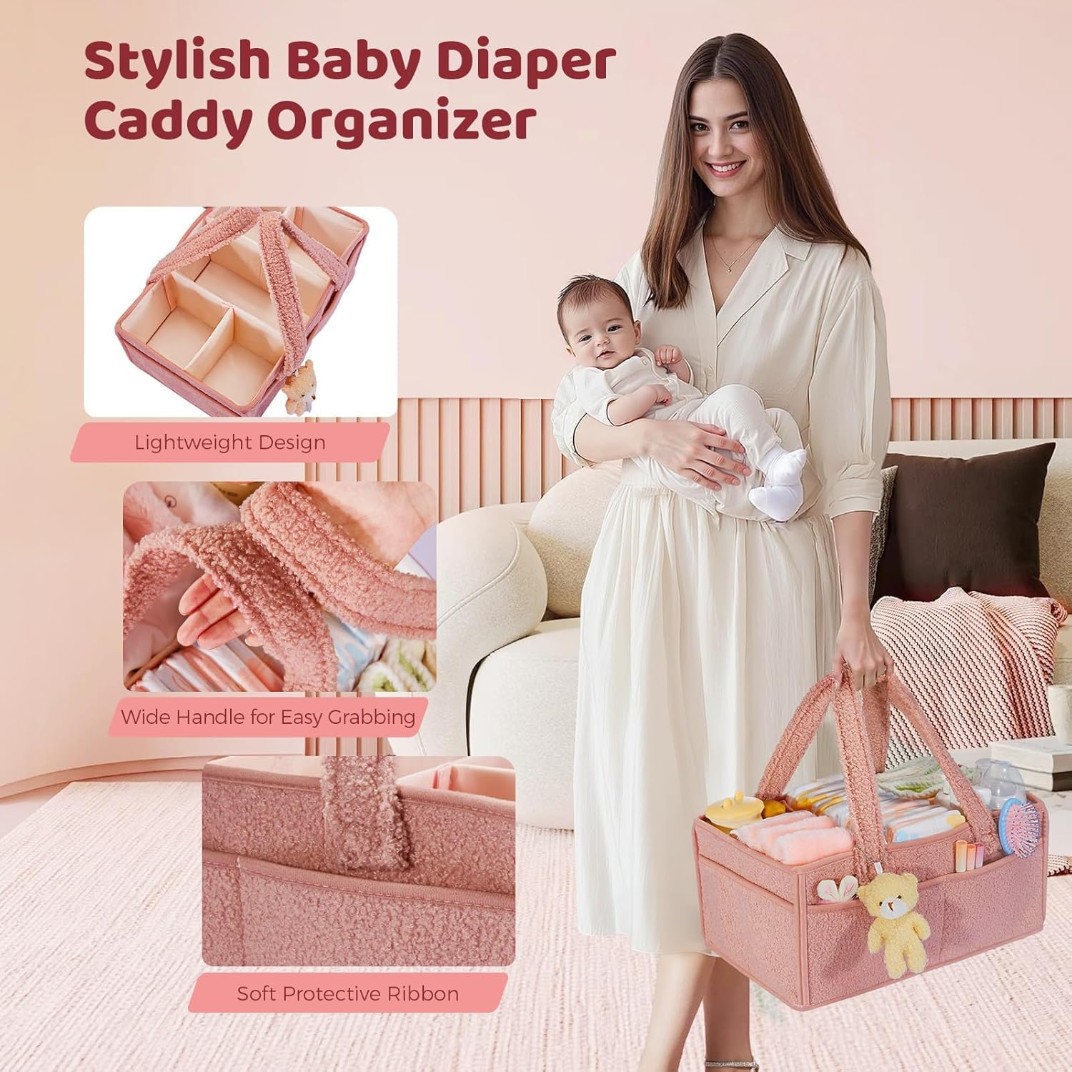 Enliansgo Baby Nappy Caddy Organizer, Baby Storage Basket for Diapers, Newborn Essentials, Car Caddy Organizer, Portable Diaper Storage (Pink) image number 5