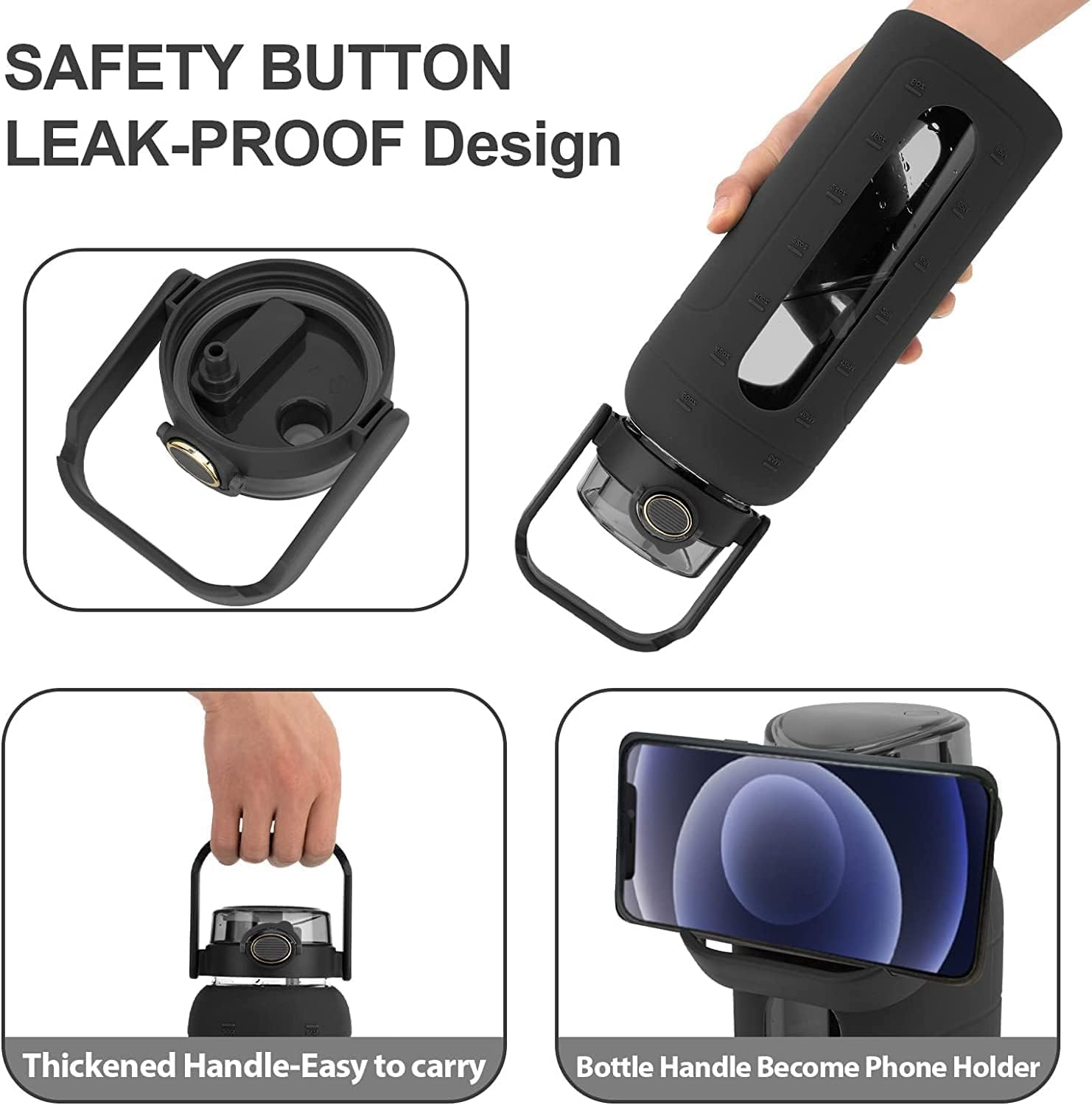 Tronco 64 Oz Glass Water Bottles with Straw and Handle Lid,Half Gallon Water Bottle with Silicone Sleeve&Time Marker,Large Reusable Motivational Glass Water Jug Leakproof for Gym/Workout/Travel - Beige image number 4