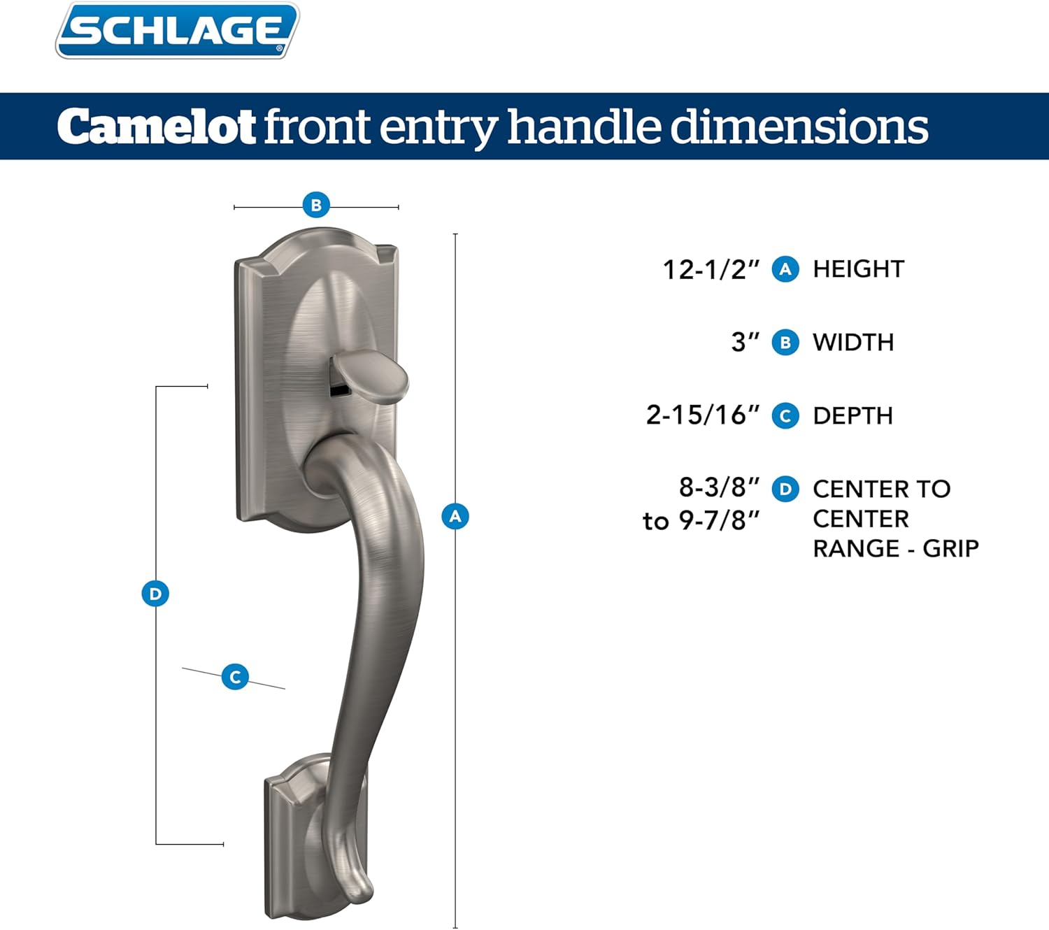 Schlage Camelot Front Entry Handle Accent Right-Handed Interior Lever (Bright Brass) FE285 CAM 505 Acc 605 RH - Satin Nickel image number 3