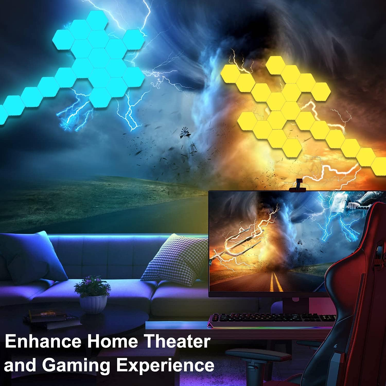 Hexagon Lights Remote Controlled, RGB LED Wall Lights Modular Light Panels Touch-Sensitive, DIY Geometric Gaming Lights with Stand, Infinitely Splicing for Gaming Room Living Room Bedroom TV, 6 Pack image number 6