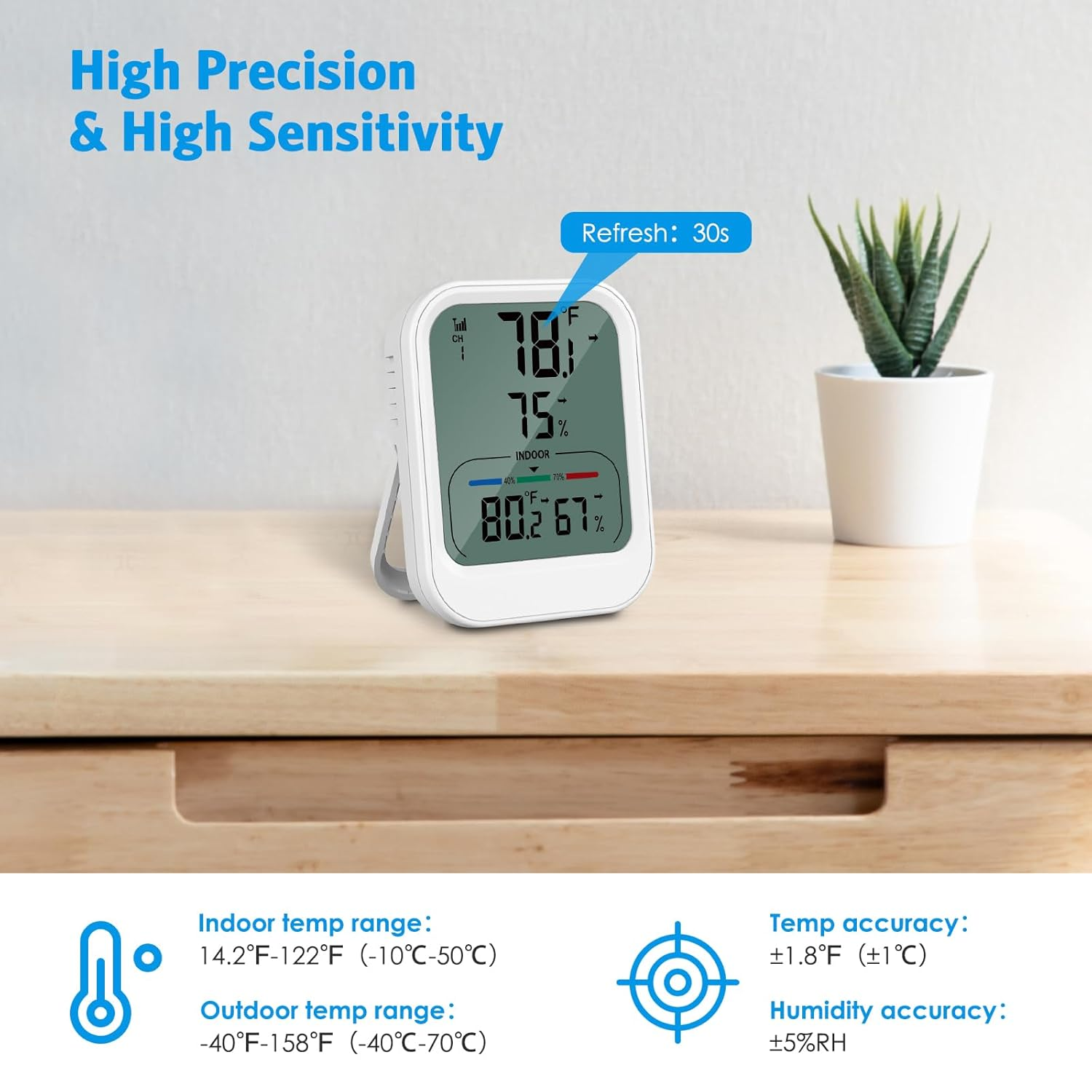 AMIR Newest Digital Hygrometer Indoor Outdoor Thermometer with LCD Backlight, Min/Max Records, Room Thermometer and Humidity Gauge with 328Ft/100M Range, ℃/℉ Switch for Home Garage Office image number 6