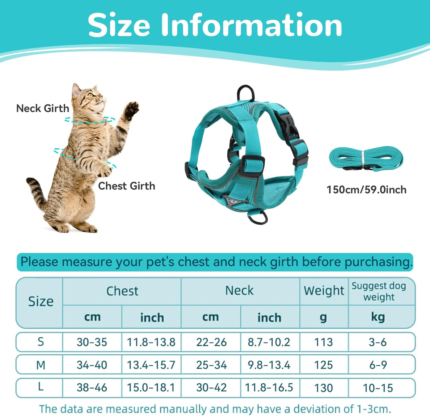 Cat Harness and Lead Set, Adjustable Kitten Harness and Lead Set with Reflective Strips Escape-Proof, Cat Vest Harness with Leash Sets for Cats Dogs Pets Walking (Lake Blue, S) image number 2
