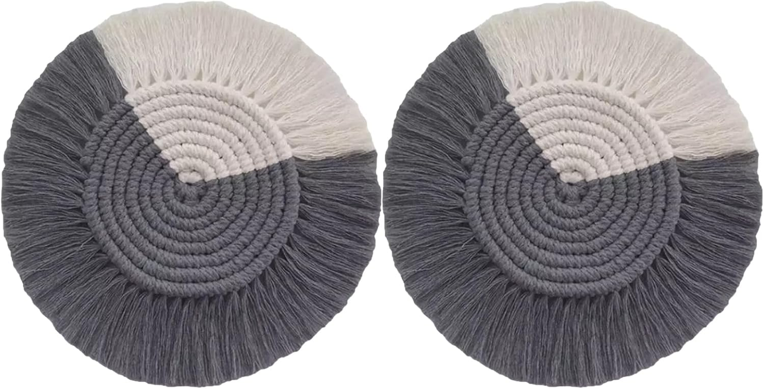 CENZICOM Boho Woven Macrame Coasters, Absorbent Drink Coasters for Desk, Set of 2, Farmhouse Home Decor (Khaki-Whitex2)
