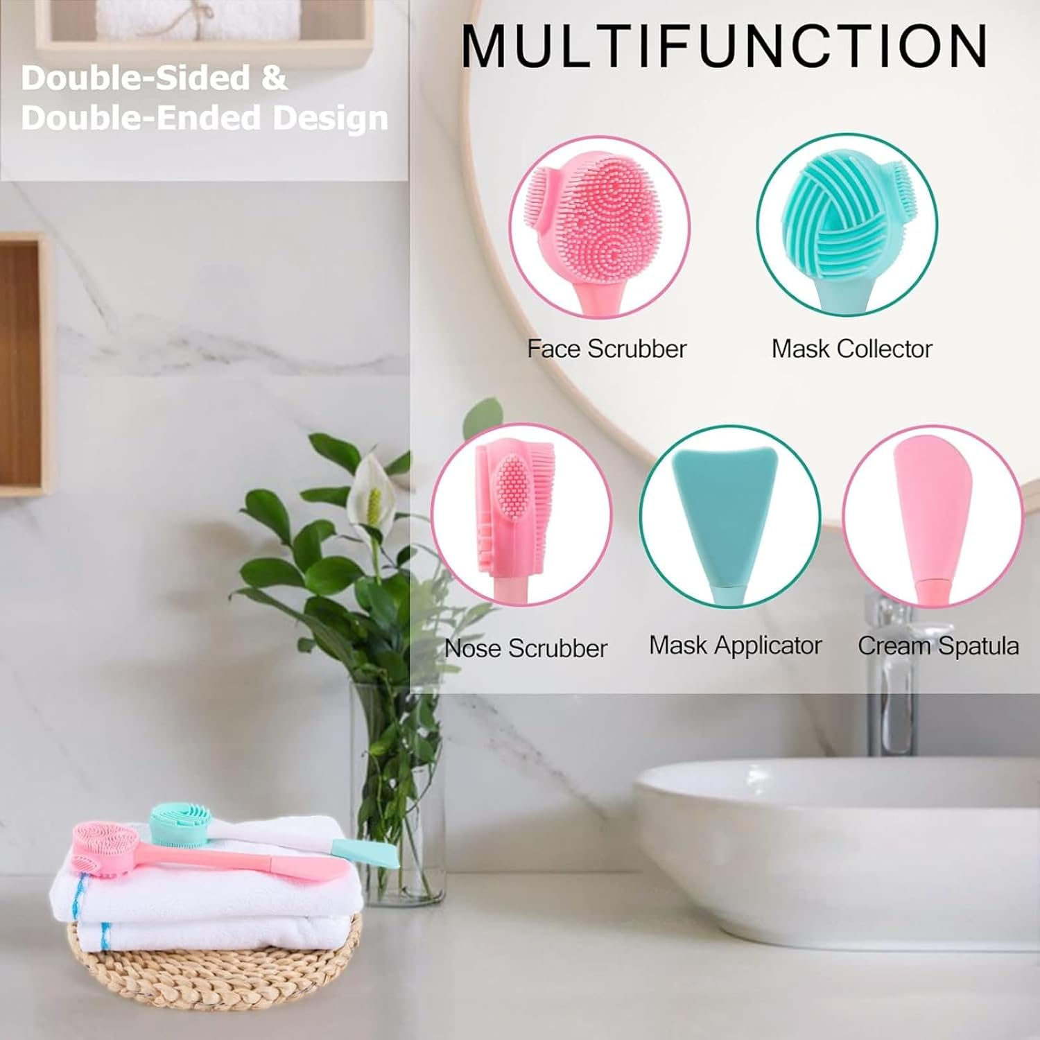 Weidllys Facial Cleaning Brush, 4-In-1 Silicone Facial Mask Brush and Facial Scrub for Exfoliation, Massage, Blackhead Removal, Makeup Removal, Mud Application, Clay, Body Lotion, DIY Facial Mask (Blue and Pink) image number 5
