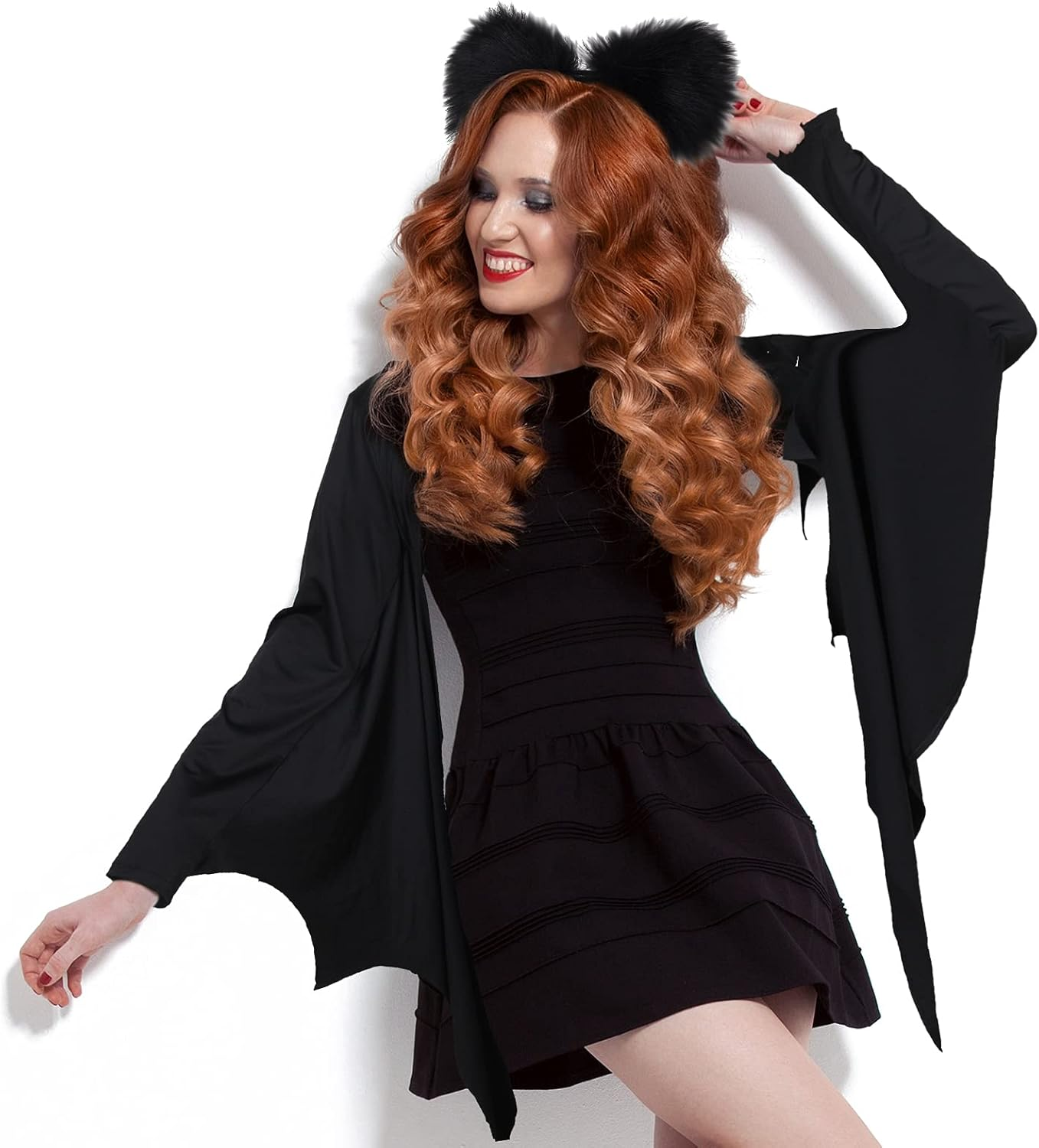 2 Pcs Halloween Bat Costume Accessories Black Bat Sleeve Wings Bat Shrug and Plush Bat Ear Headband for Halloween Dress Up image number 2