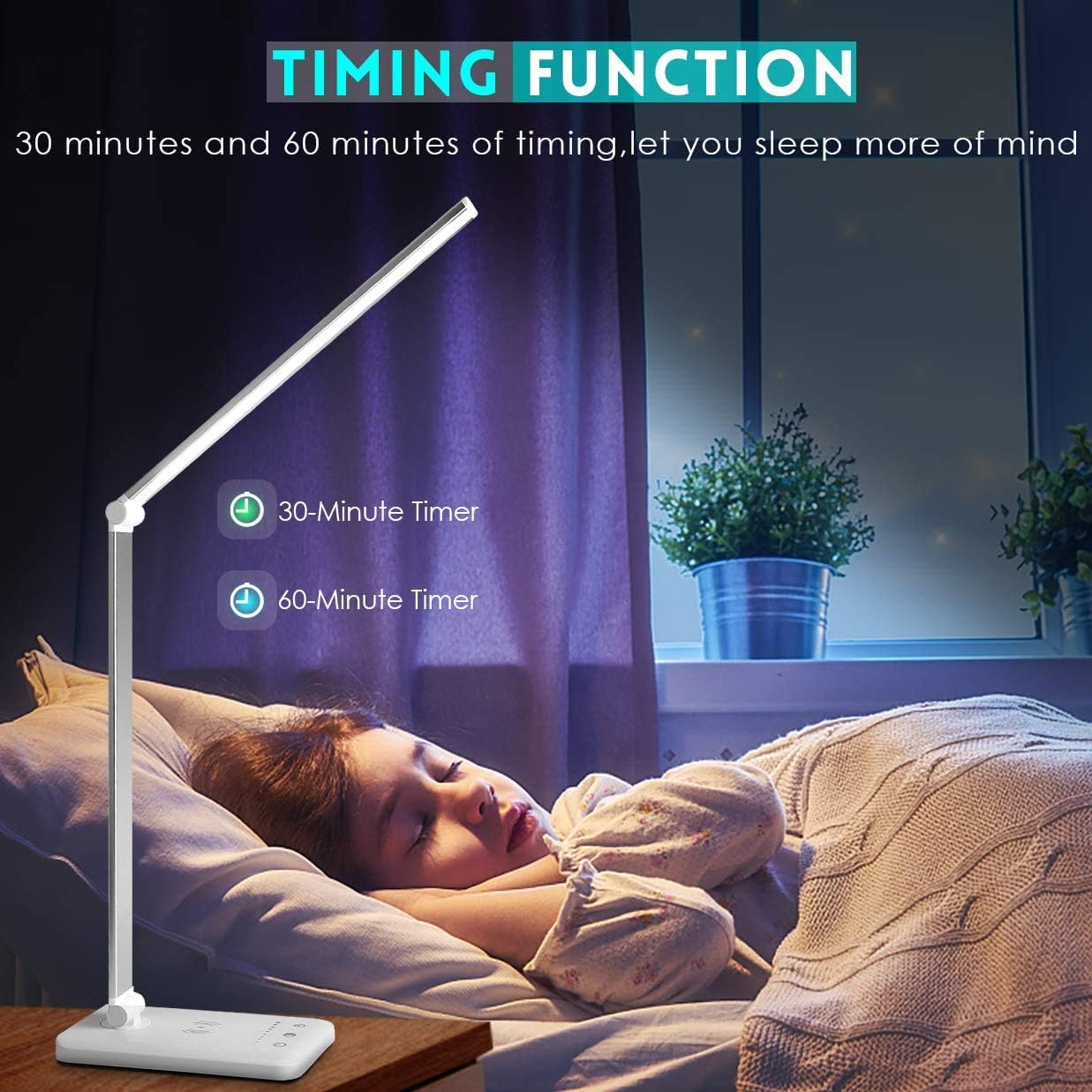 JOSTIC LED Desk Lamp with Wireless Charger, USB Charging Port, Desk Light with 10 Brightness, 5 Color Modes, Dimmable Eye Caring Reading Desk Lamps for Home Office, Touch Control, Auto Timer, White image number 6
