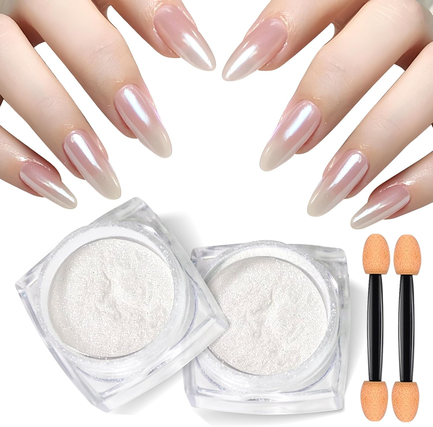 U-Shinein Chrome Nail Powder, Super Glossy Mirror Effect White Pearl Magic White Moonlight Effect Iridescent Pigment Powder, Pearlescent Iridescent Glitters Powder Metallic Pigment for Nails - Pink + White image number 2