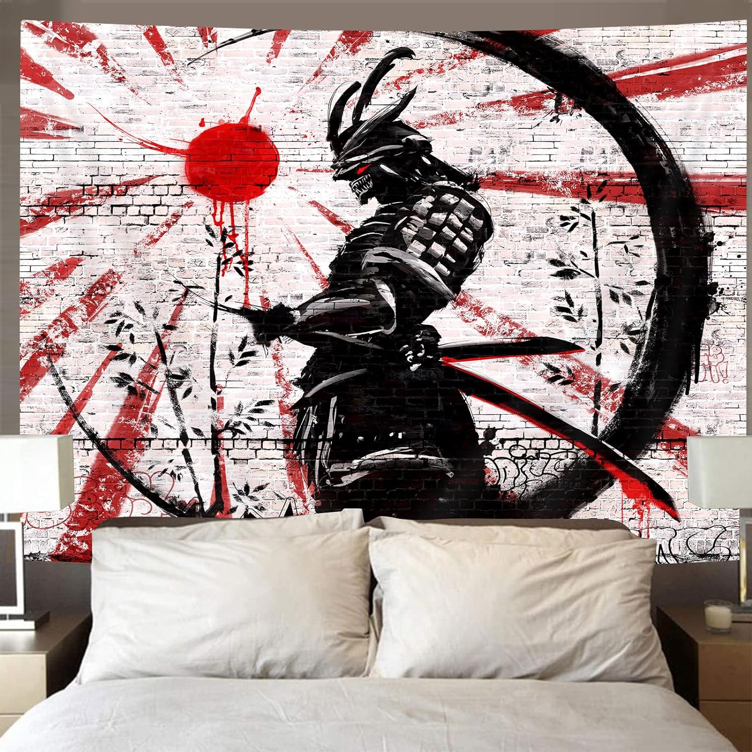 Itapnoom Japanese Samurai Art Decor Tapestry Wall Hanging for Bedroom, Cool Anime Red and Black Sun Moon Poster Wall Art Tapestries for Men, Asian Japan Male Blanket College Decorations (80X60) image number 5