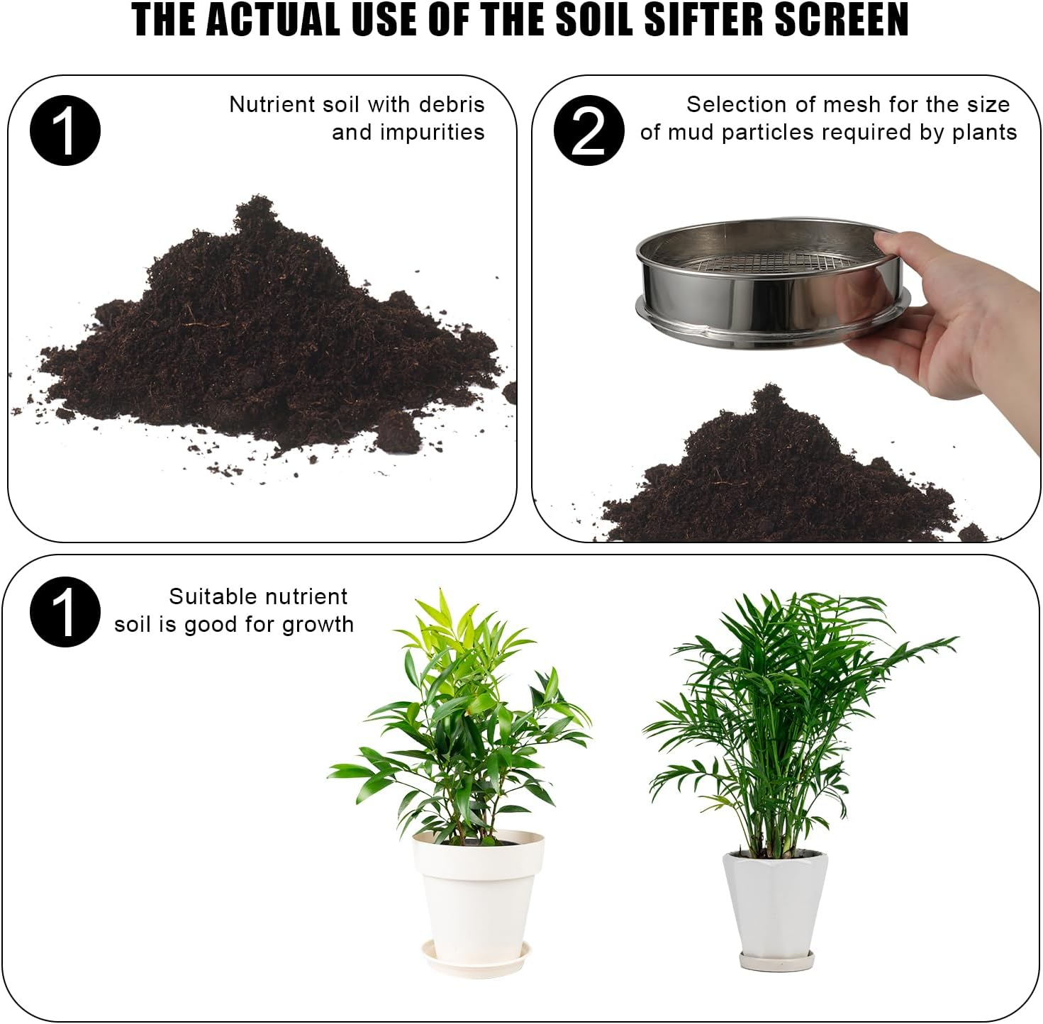Soil Sifter Garden Sieve Set, 1Pc 30Cm/11.9In Stainless Steel Sifting Pan and 4Pcs 0.7/2/3/6Mm Mesh Sizes Garden Mesh Sieve Garden Soil Sieve Soil Filter Dirt Garden Sieve Soil Sifter