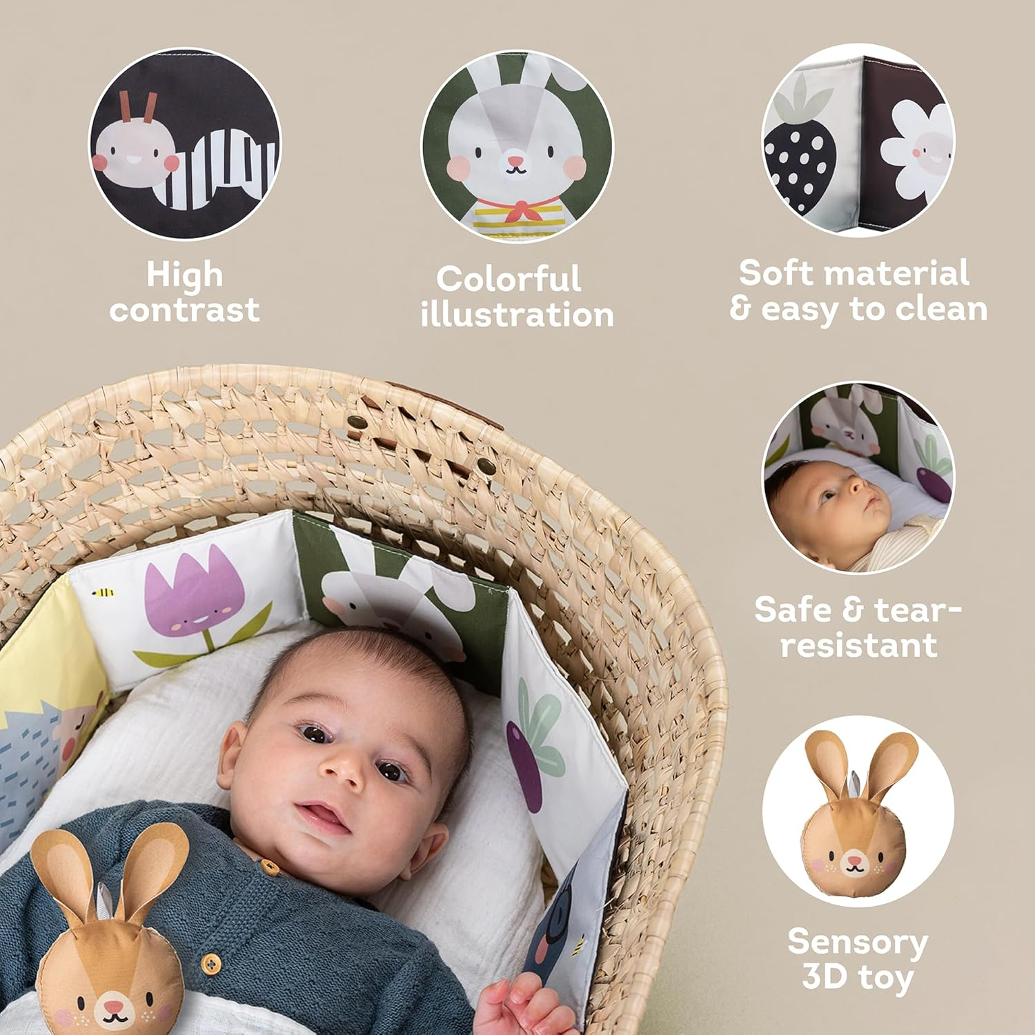 Taf Toys Bunny Pram Book & Toy Set | High Contrast Black & White Infant Visual Stimulation | Soft Fabric for Newborn Cognitive Development | Baby Essential Montessori Toy for 0-6 Months image number 5