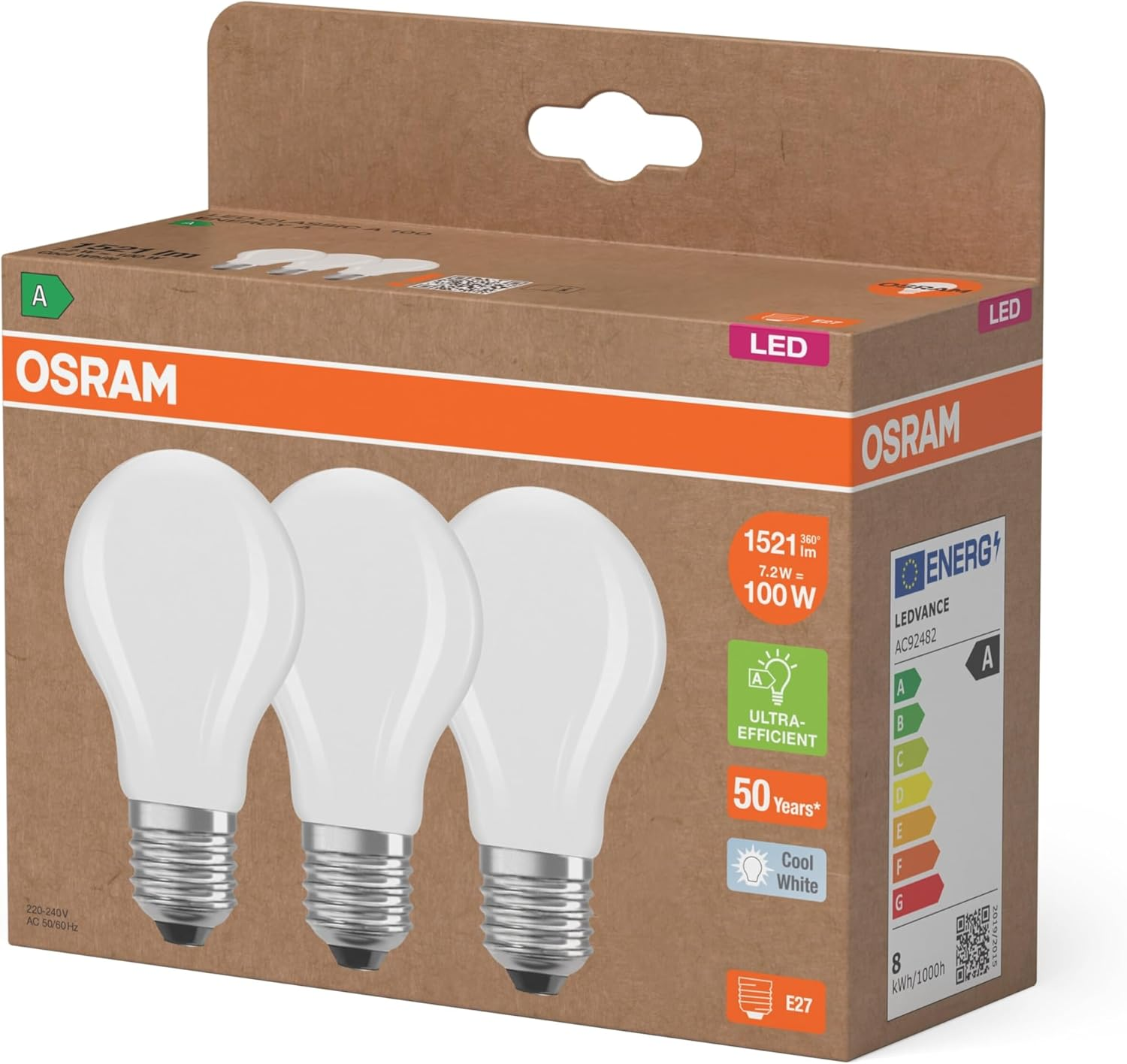 OSRAM Classic LED Lamp A100 Filament 7.2 W 840 4000 K Cool White E27 Matte 1521 Lm 50,000 Hours Energy Efficient image number 3