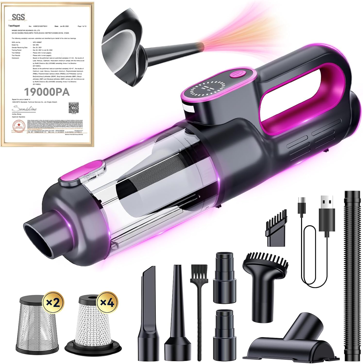 11-In-1 Car Vacuum Clearner【19000Pa Suction | Japan Brushless Motor】【Sgs-Certified Smart Chip】 Powerful Handheld Vacuum Cordless, with LED Light, Multi-Nozzles and Storage Bag