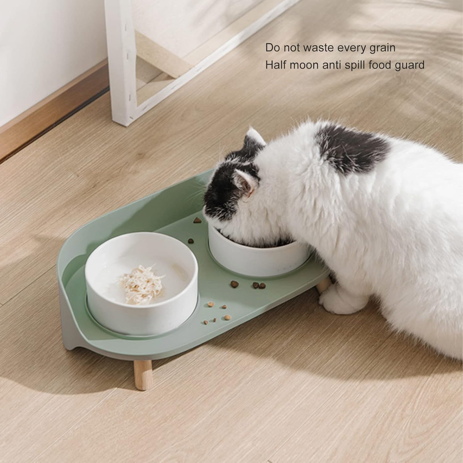 Raised Puppy Dishes for Food and Water, Ceramics Cat Raised Bowls Prevent Spill Cervical Spine Protection Double Food Water Elevated Bowls for Cat Supplies White(Green) - Green image number 3