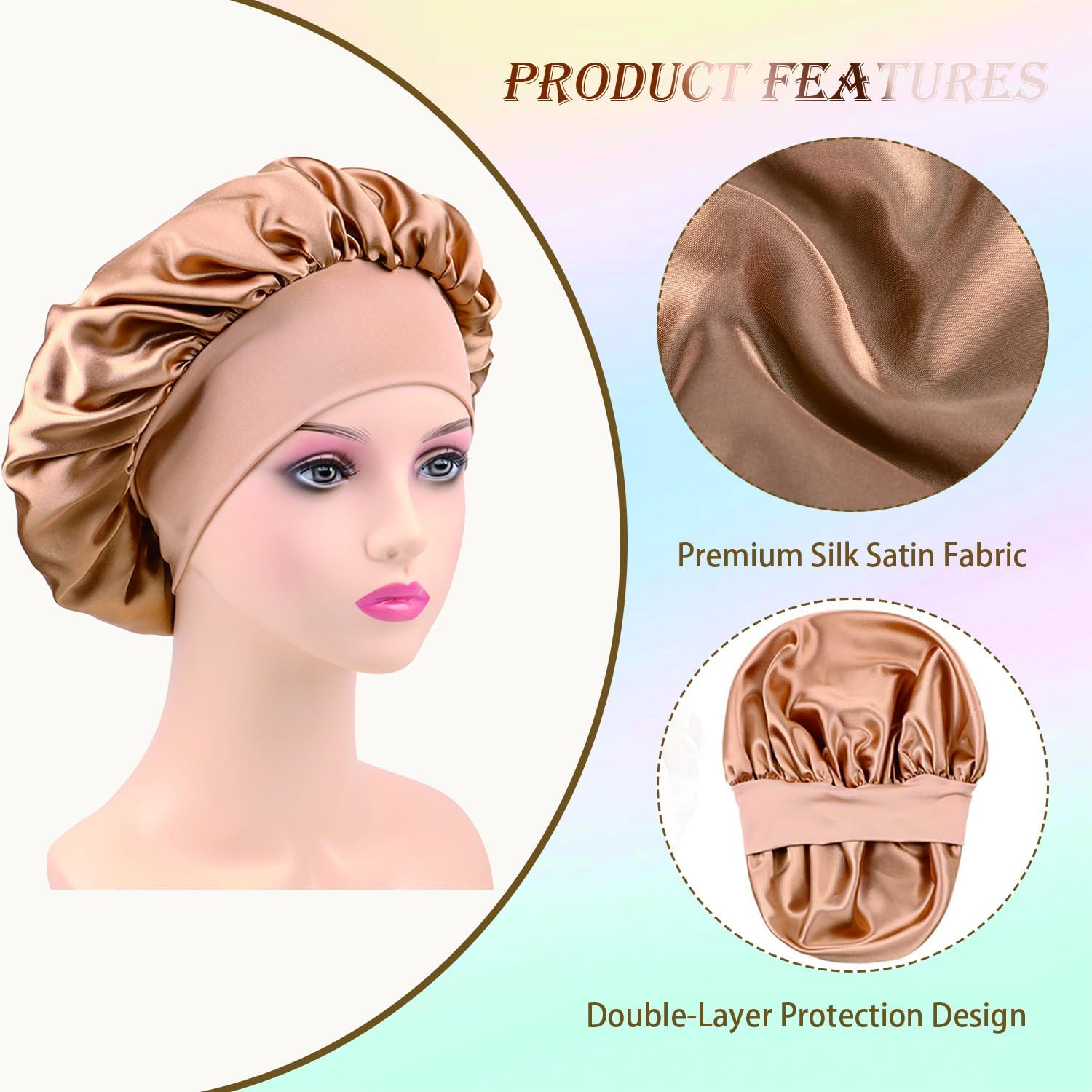 2PCS Silk Satin Bonnet for Sleeping, Soft Elastic Band Hair Bonnet for Women Curly Natural Hair, Double-Layer Silk Satin Sleeping Cap, Shower Cap for Women(Black&Golden) image number 6