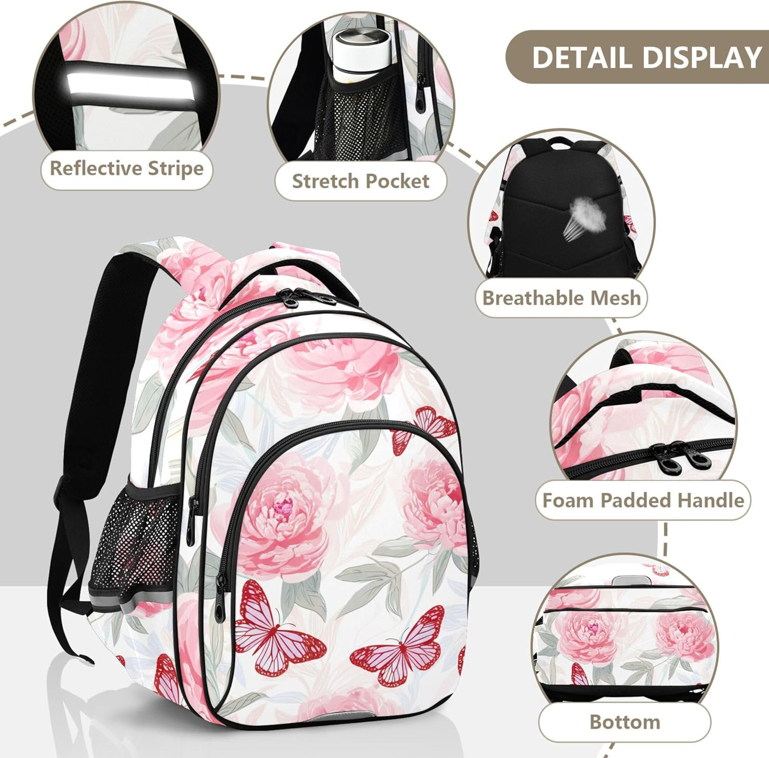Soft Pink Peonies Butterfly White Kids Student Travel School Cute Floral Book Toddler Elementary Backpacks Animal image number 4