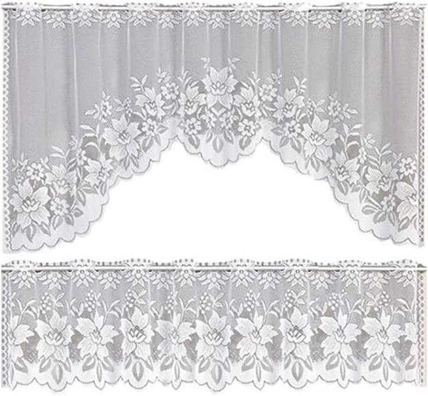 AIMALL 2PCS White Lace Kitchen Cafe Curtain Set Sheer Window Drapes with Scalloped Edge Elegant Home Decor 160Cm Wide Rod Pocket Panels for Living Room Bedroom Dining Room image number 3