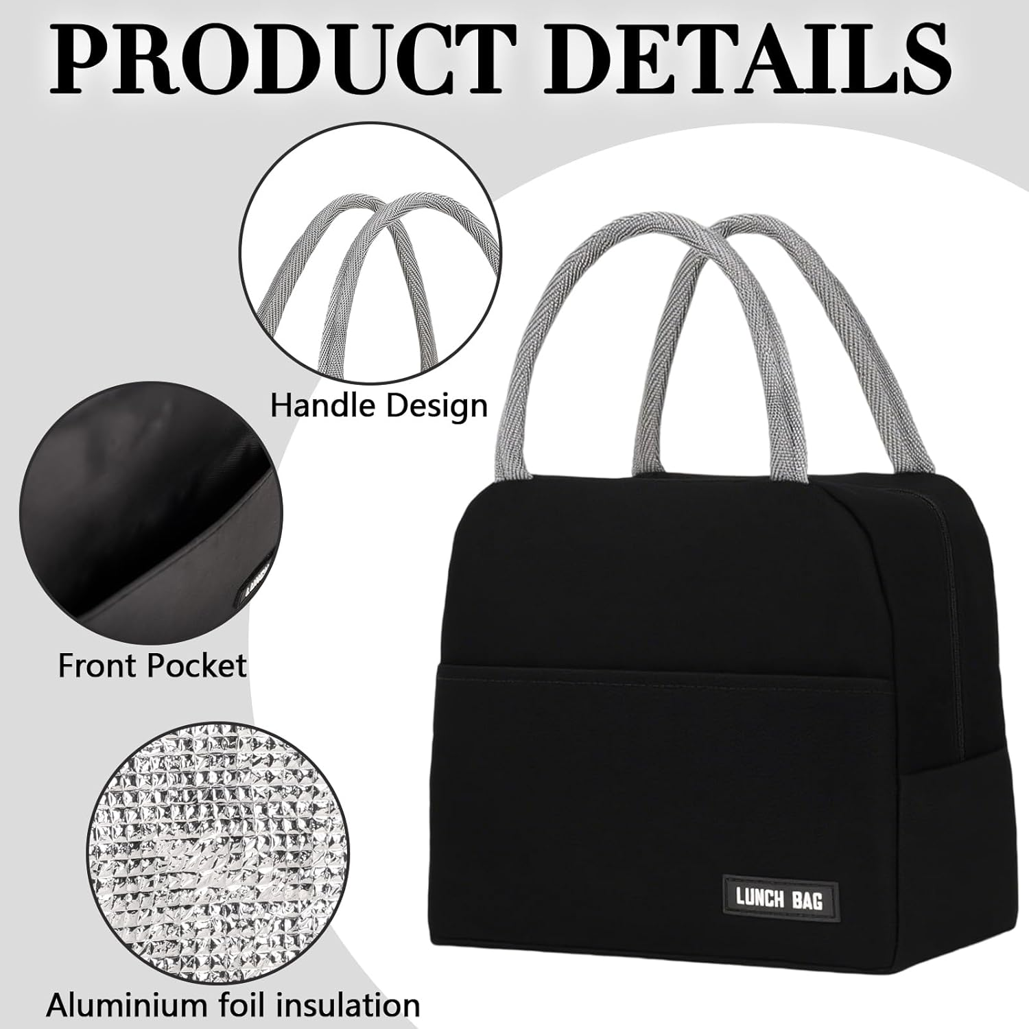 Viiotu Insulated Lunch Bag, Small Lunch Bag for Women Men Kid, Reusable Lunch Cooler Bag for Work Office Outdoor Picnic Camping (Black)